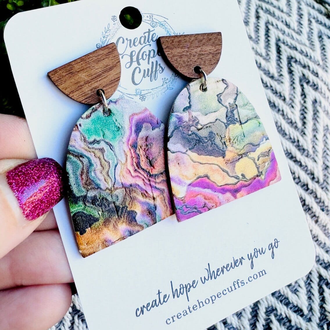 Abstract Art Domed Leather Earrings | Stacked Wooden Stud | Hypoallergenic | Women Leather Earrings Create Hope Cuffs