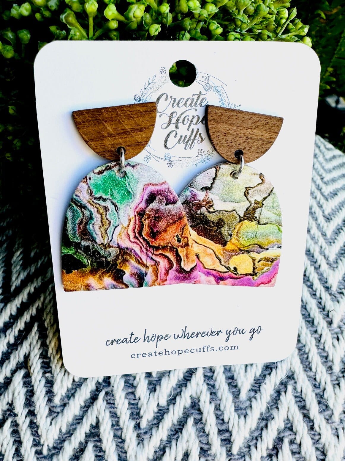 Abstract Art Domed Leather Earrings | Stacked Wooden Stud | Hypoallergenic | Women Leather Earrings Create Hope Cuffs