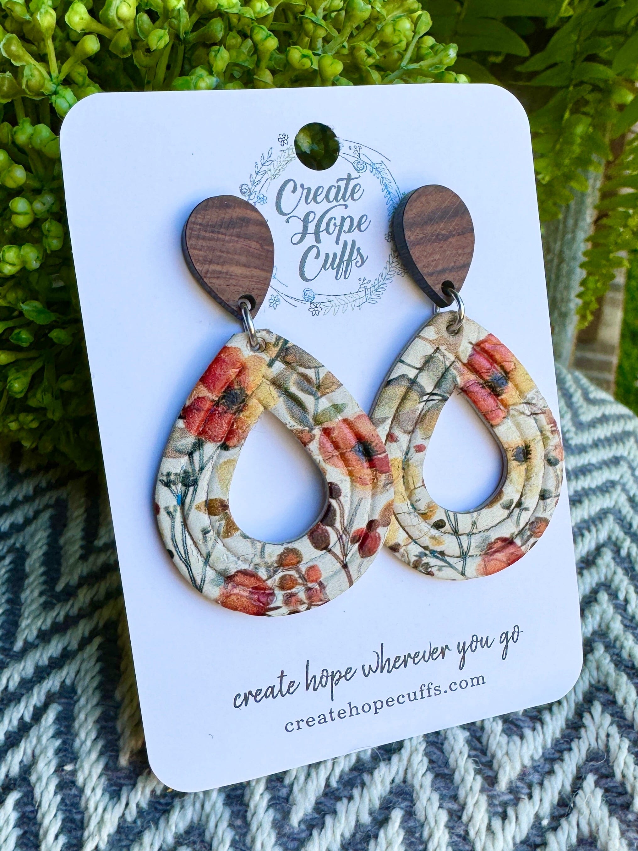 Autumnal Floral | 2 Styles | Teardrop Wood and Leather Earrings | Hypoallergenic | Women Leather Earrings Create Hope Cuffs