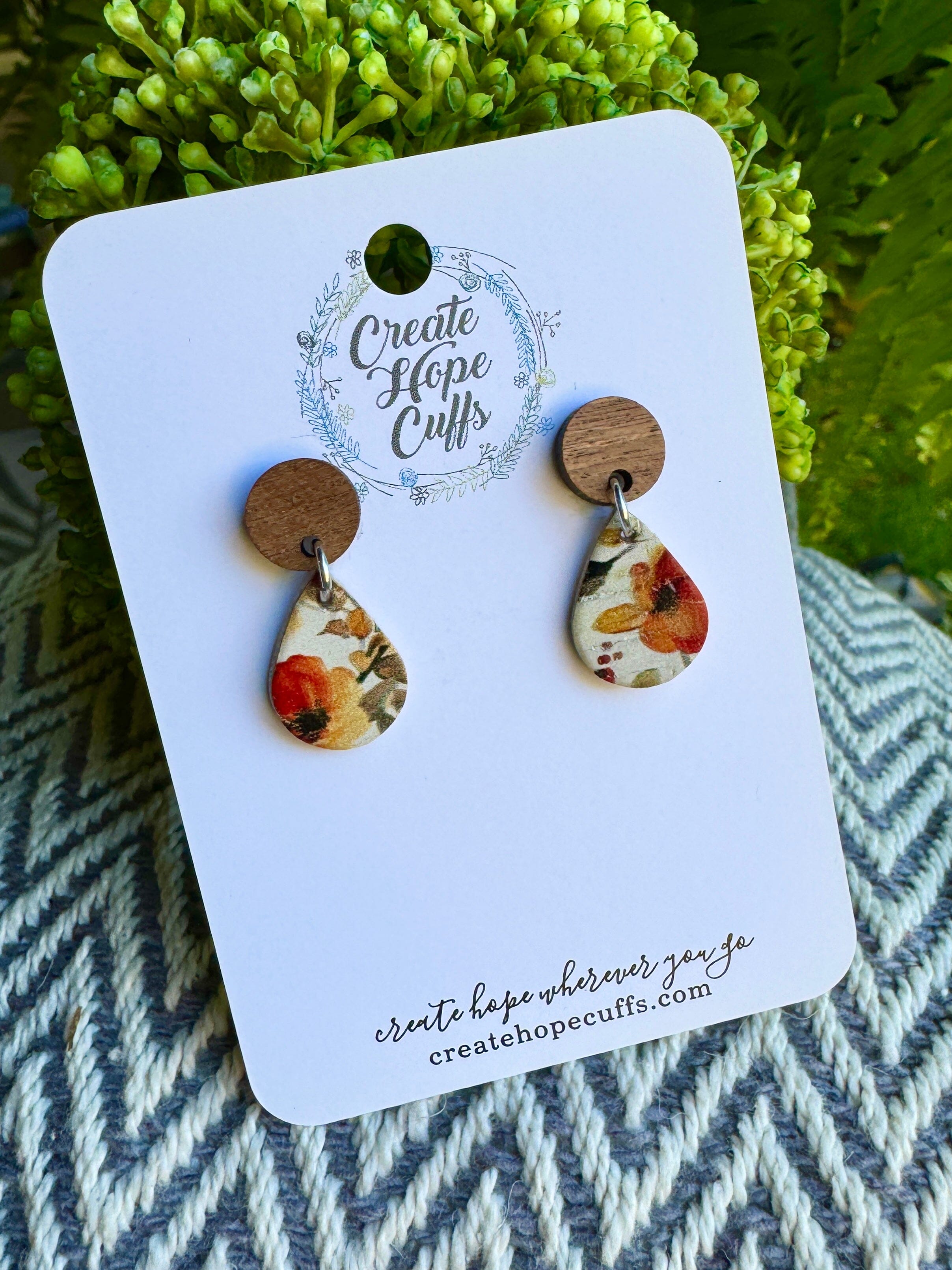 Autumnal Floral | 2 Styles | Teardrop Wood and Leather Earrings | Hypoallergenic | Women Leather Earrings Create Hope Cuffs