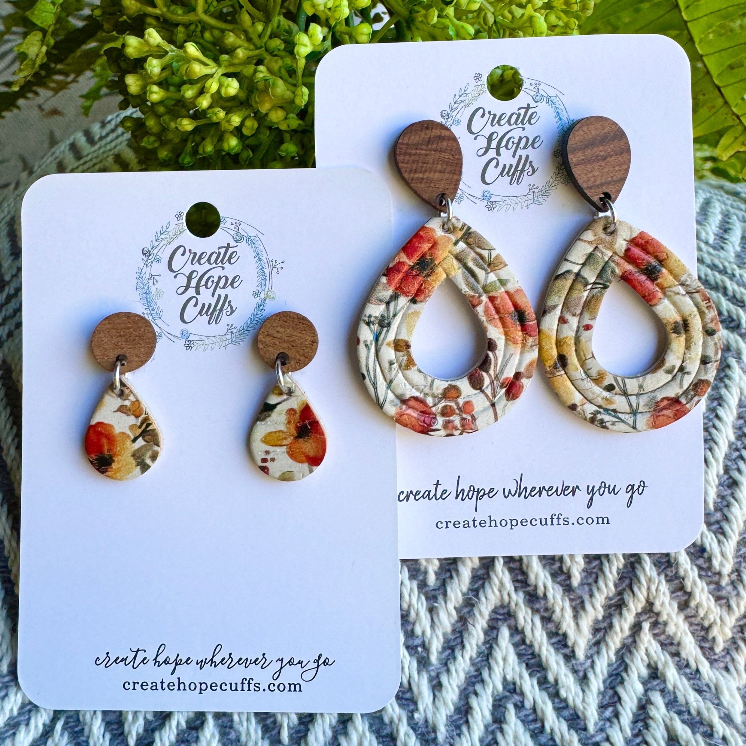 Autumnal Floral | 2 Styles | Teardrop Wood and Leather Earrings | Hypoallergenic | Women Leather Earrings Create Hope Cuffs