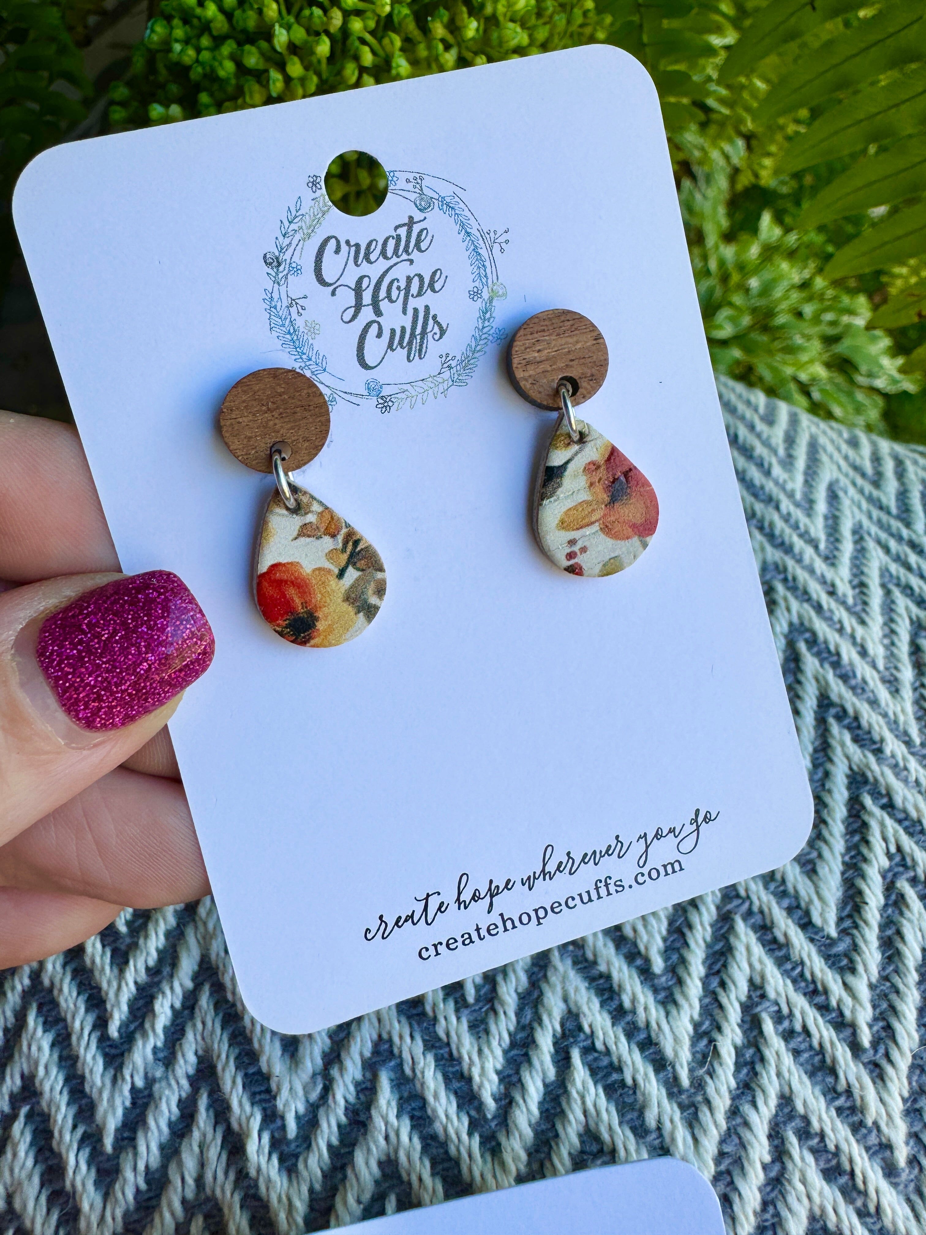 Autumnal Floral | 2 Styles | Teardrop Wood and Leather Earrings | Hypoallergenic | Women Leather Earrings Create Hope Cuffs Teeny Tiny Teardrop with Wood Stud