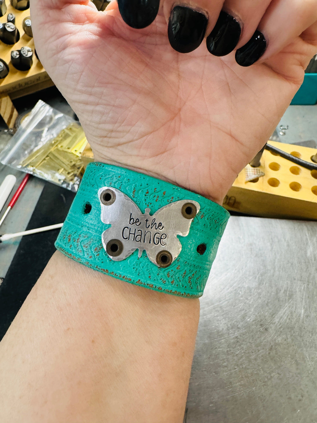 BE THE CHANGE | TEAL Tooled Wide Leather OOAK | One of A Kind | Upcycled Cuff | Adjustable | Women Leather Cuff Create Hope Cuffs