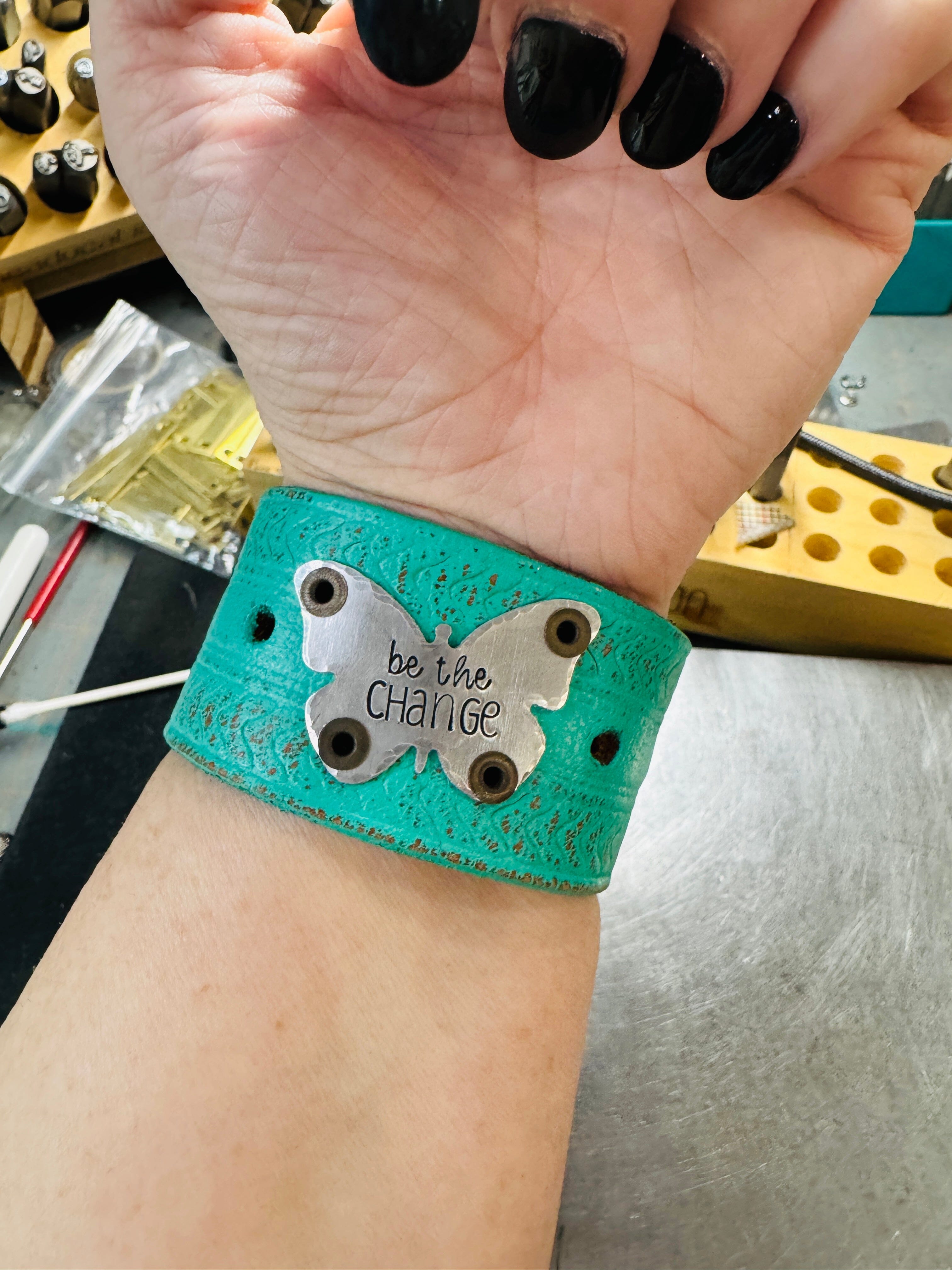 BE THE CHANGE | TEAL Tooled Wide Leather OOAK | One of A Kind | Upcycled Cuff | Adjustable | Women Leather Cuff Create Hope Cuffs