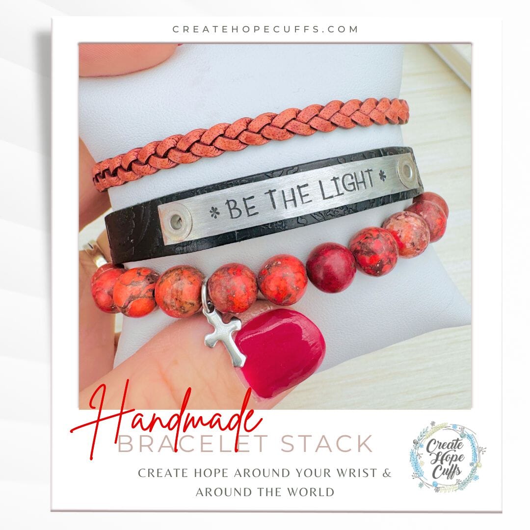 BE THE LIGHT Embossed Black Stack | Skinny Leather Set | 3 pieces | Bracelets | Womens Skinny Bracelets Create Hope Cuffs