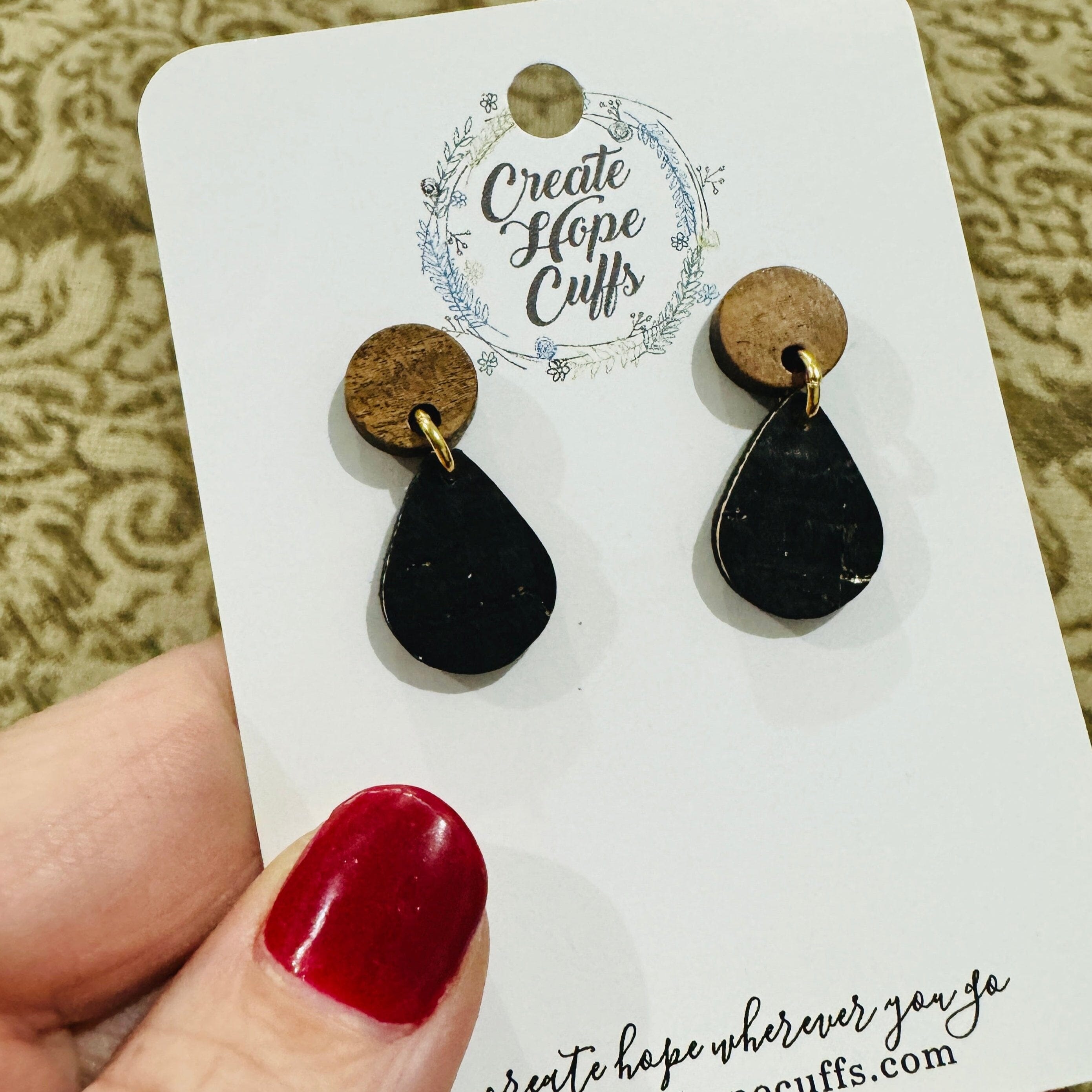 Black or Birch White | 1" Teeny Tiny Wood and Leather Earrings | Hypoallergenic | Women Leather Earrings Create Hope Cuffs Teeny Tiny Black with GOLD Hooks and Wood Stud