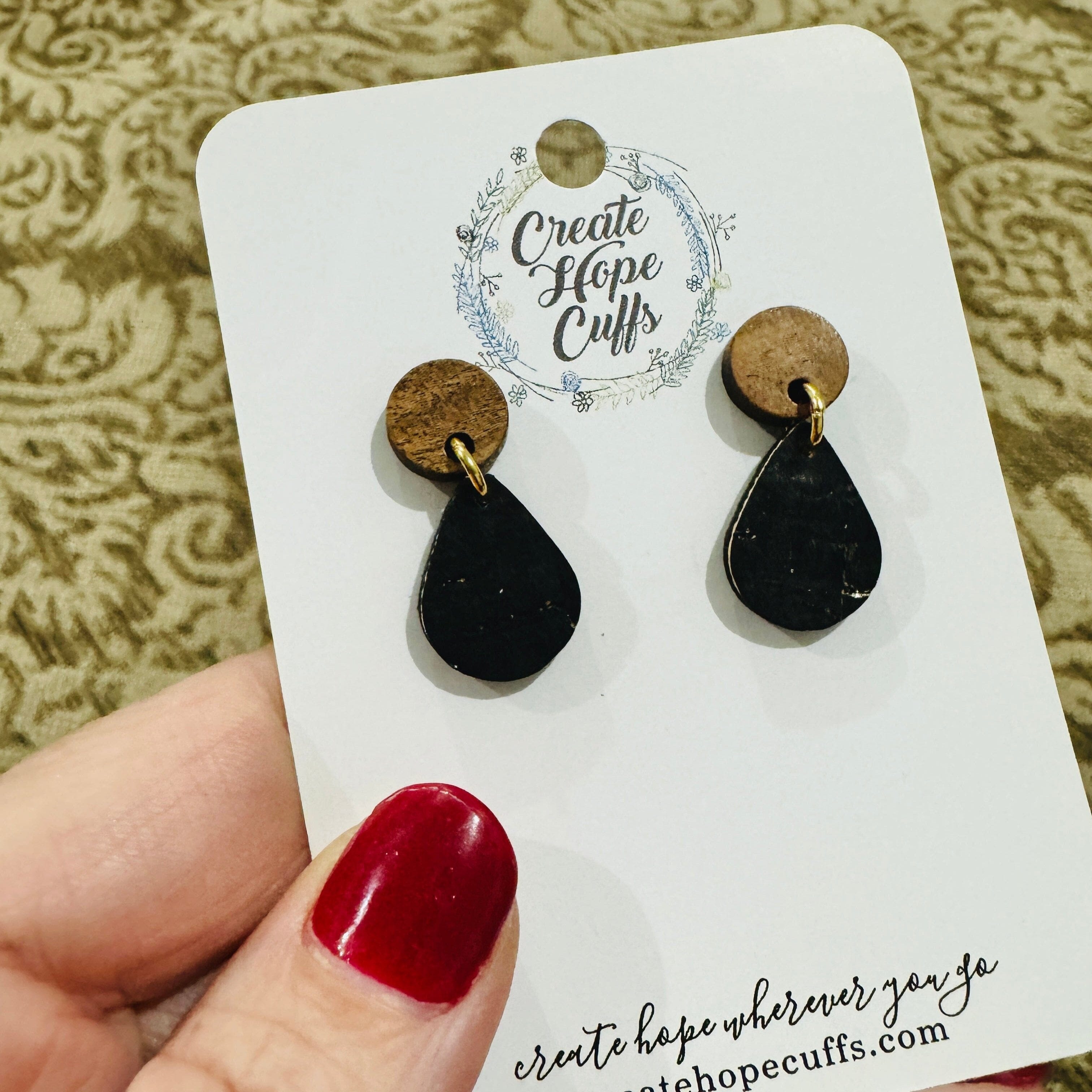 Black or Birch White | 1" Teeny Tiny Wood and Leather Earrings | Hypoallergenic | Women Leather Earrings Create Hope Cuffs Teeny Tiny Black with SILVER Hooks and Wood Stud