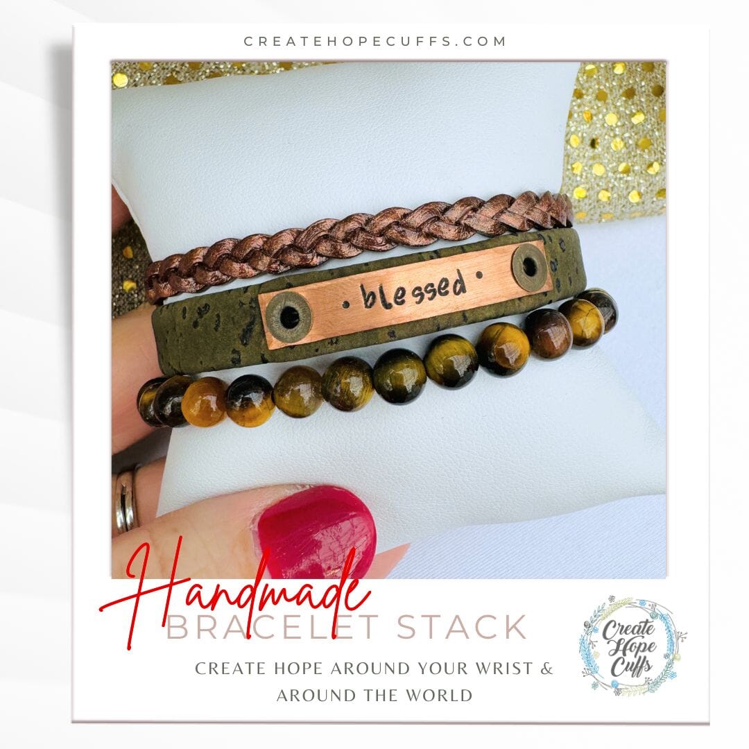 BLESSED Dark Olive Stack | Skinny Leather Set | 3 pieces | Bracelets | Womens Skinny Bracelets Create Hope Cuffs