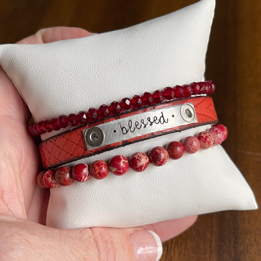 BLESSED Red Stack | Skinny Leather Stack Set | 3 pieces | Bracelets | Womens Skinny Bracelets Create Hope Cuffs
