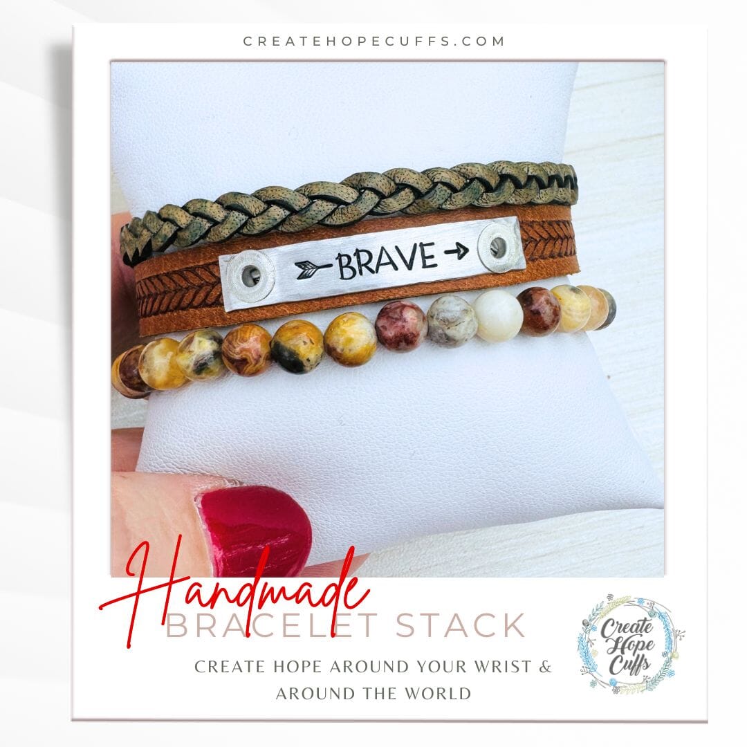BRAVE Braided Tan Stack | Skinny Leather Set | 3 pieces | Bracelets | Womens Skinny Bracelets Create Hope Cuffs