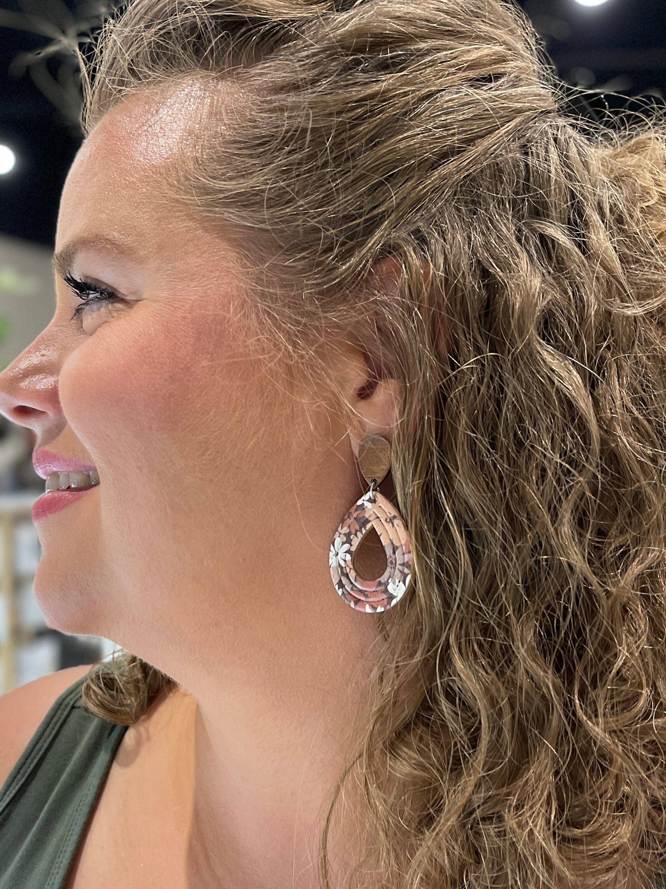 Brown Floral | 2" Open Teardrop Wood and Leather Earrings | Hypoallergenic | Women Leather Earrings Create Hope Cuffs