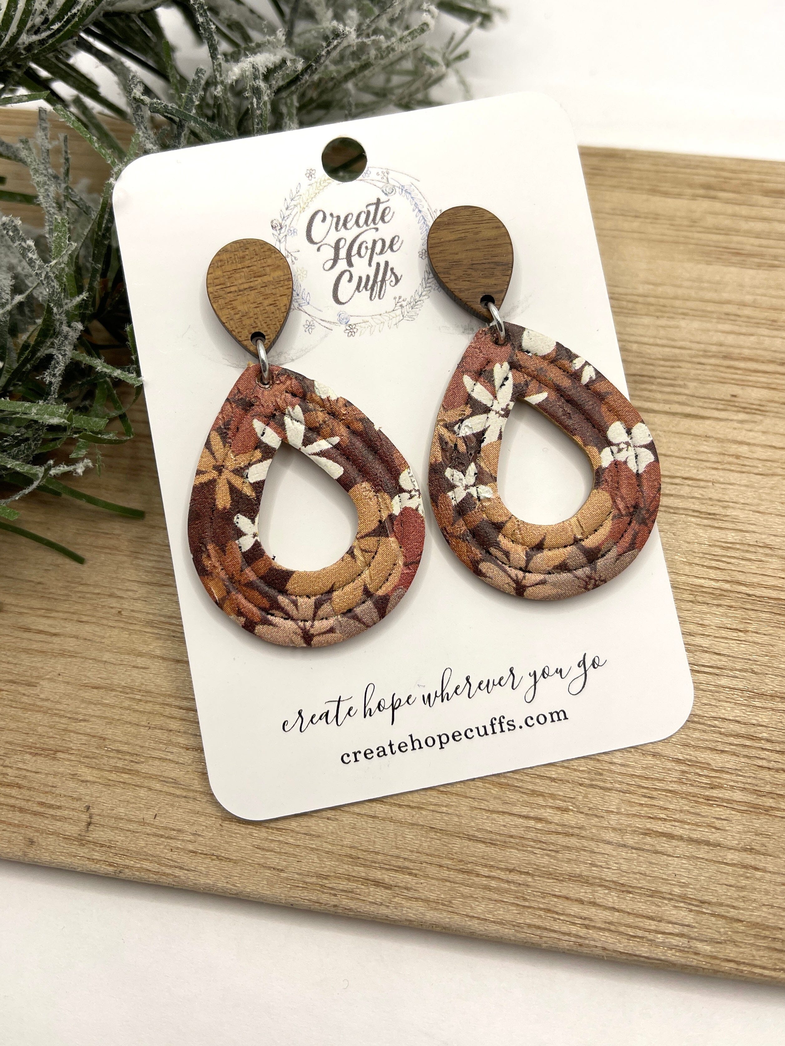 Brown Floral | 2" Open Teardrop Wood and Leather Earrings | Hypoallergenic | Women Leather Earrings Create Hope Cuffs