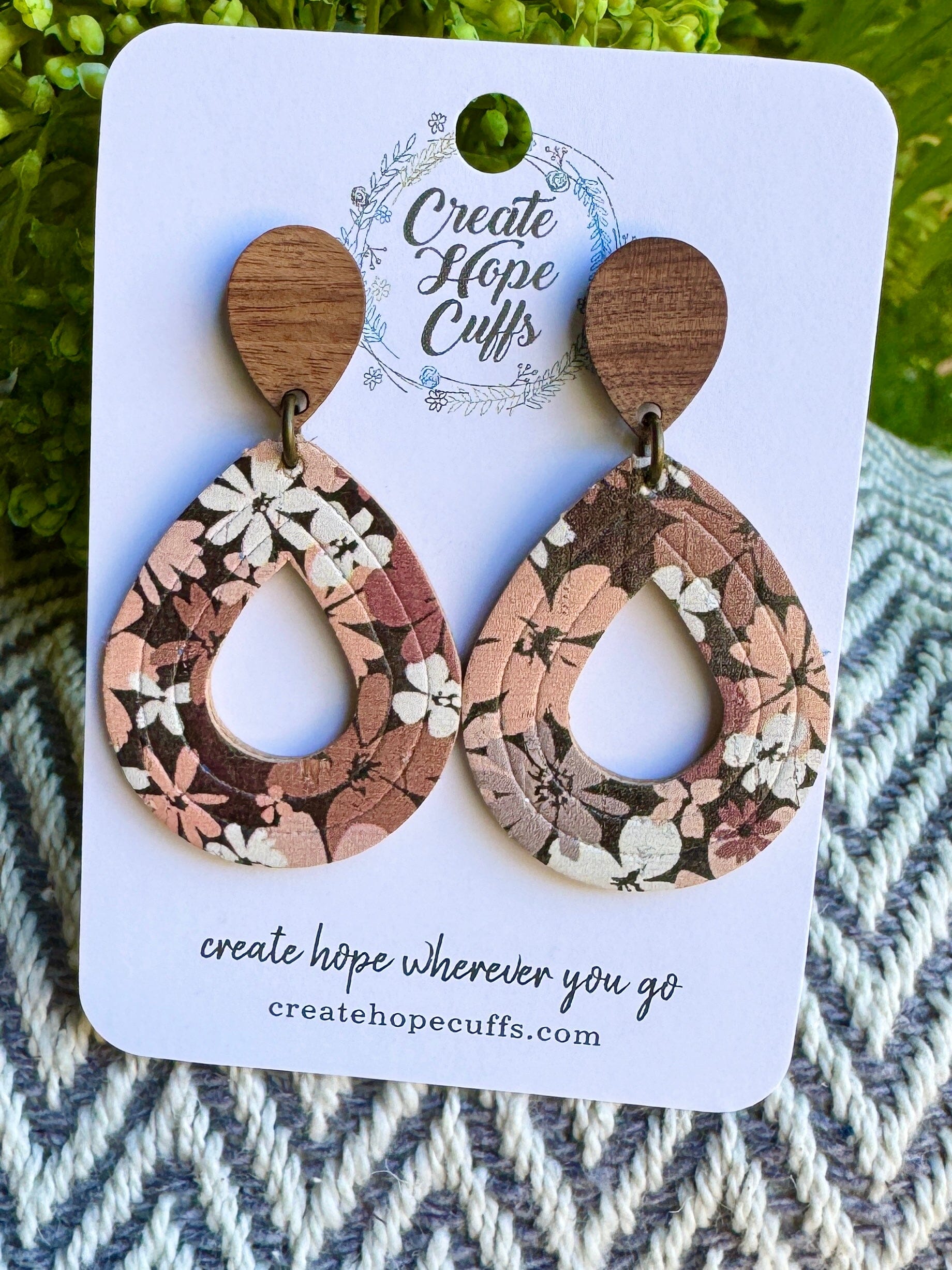 Brown Floral | 2" Open Teardrop Wood and Leather Earrings | Hypoallergenic | Women Leather Earrings Create Hope Cuffs