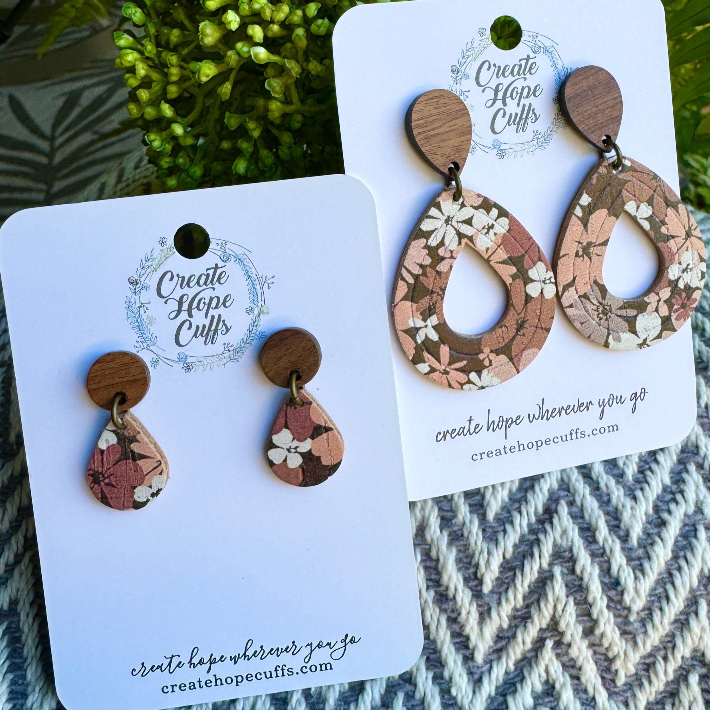 Brown Floral | 2" Open Teardrop Wood and Leather Earrings | Hypoallergenic | Women Leather Earrings Create Hope Cuffs