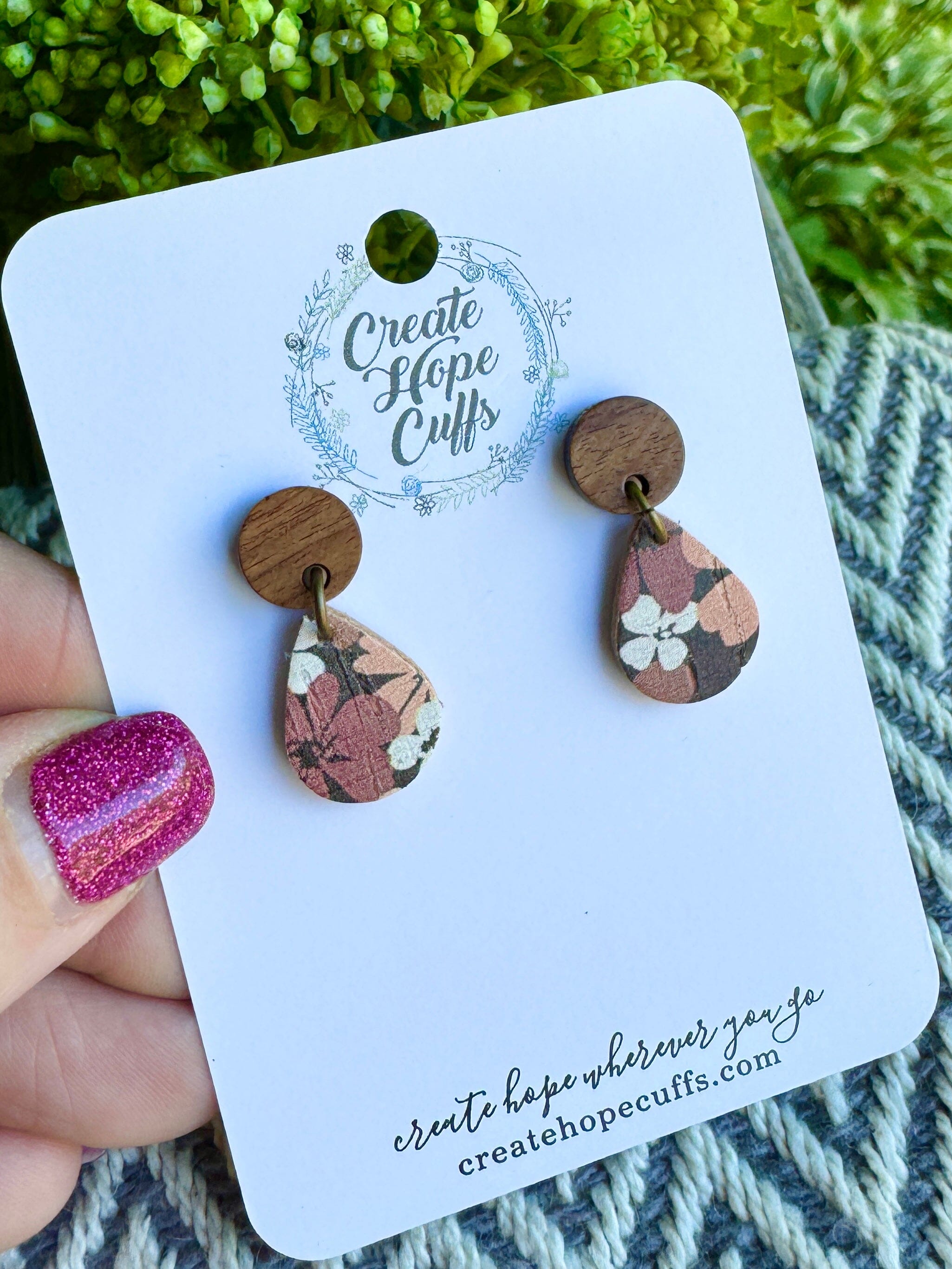 Brown Floral | 2" Open Teardrop Wood and Leather Earrings | Hypoallergenic | Women Leather Earrings Create Hope Cuffs Teeny Tiny Teardrop with Wood Stud