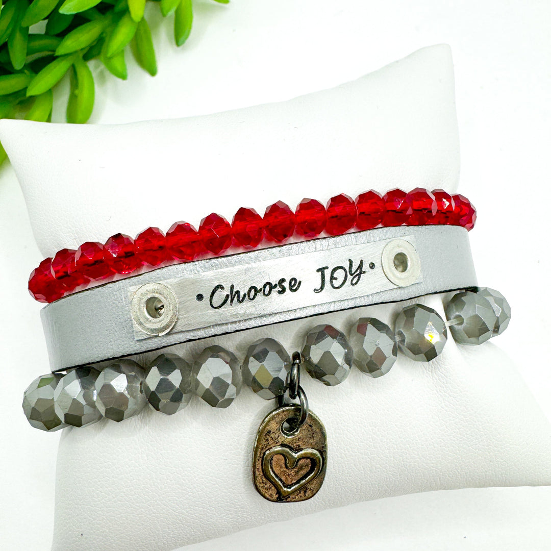 CHOOSE JOY Stack | BRUSHED SILVER Skinny Leather Set | 3 pieces | Bracelets | Womens Skinny Bracelets Create Hope Cuffs