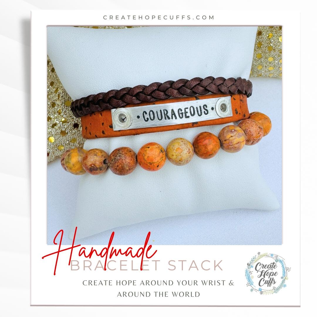 COURAGEOUS Fire Orange Stack | Skinny Cork Set | 3 pieces | Bracelets | Womens Skinny Bracelets Create Hope Cuffs