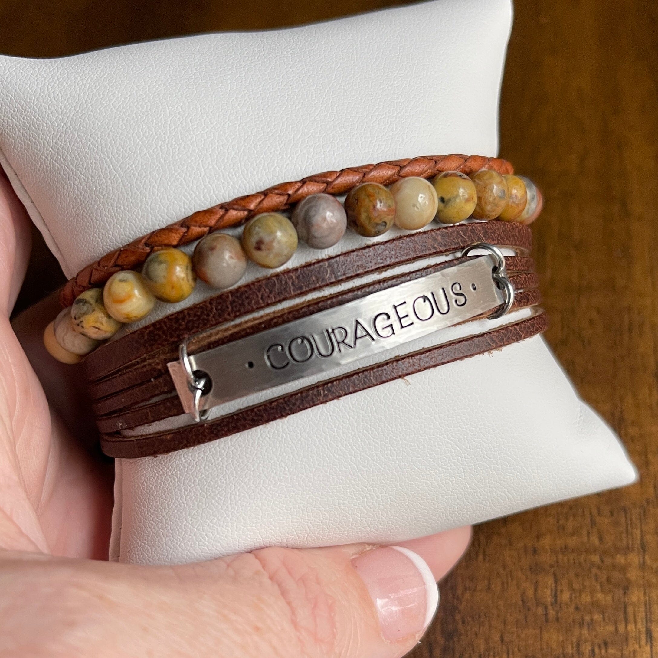 COURAGEOUS Natural Brown Stack | Mini Wrap Set | Leather Bracelets | Womens Skinny Bracelets Create Hope Cuffs