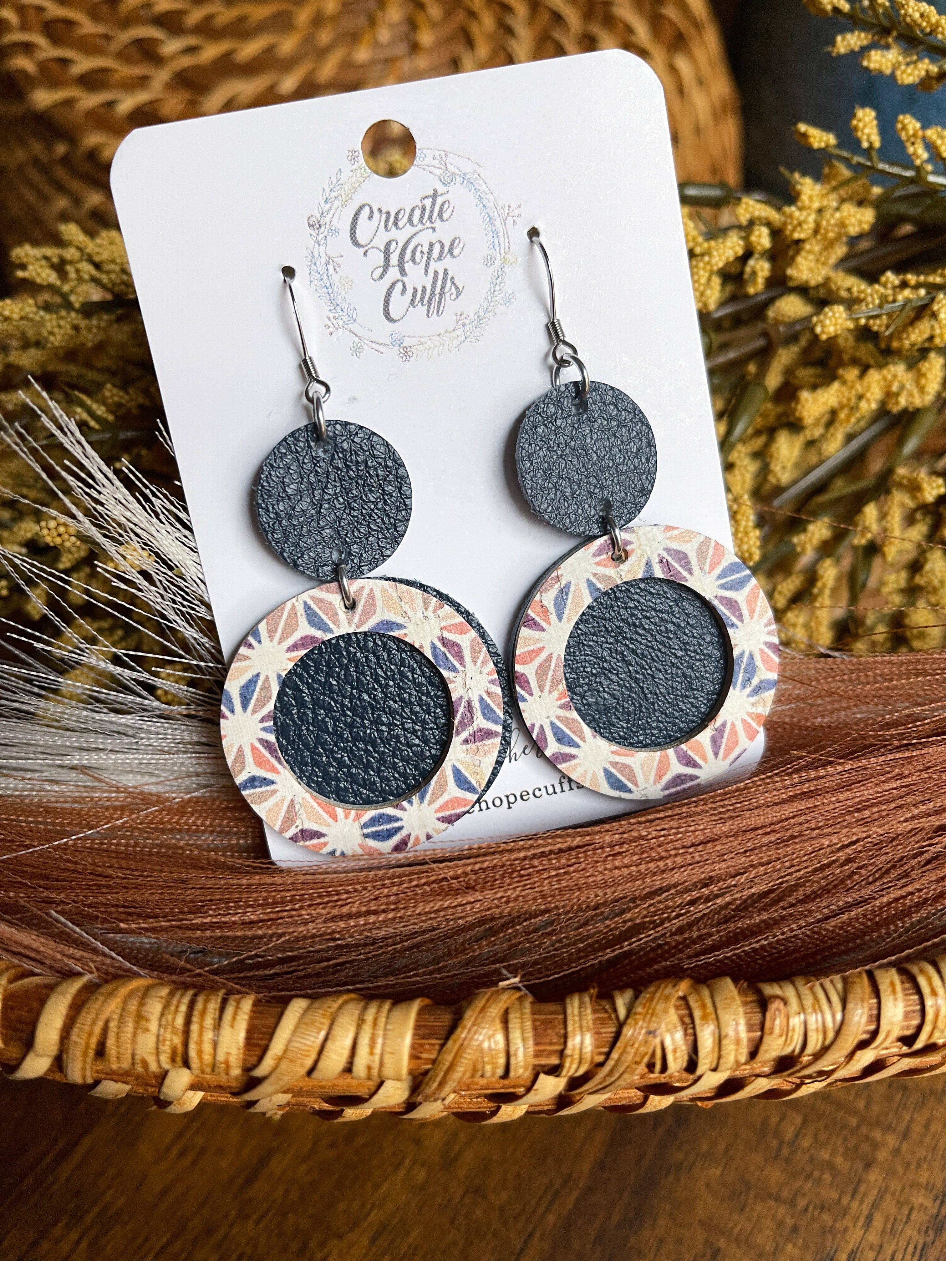 Cracked Abstract Navy | 2 Styles | Circle Leather Earrings | Hypoallergenic | Women Leather Earrings Create Hope Cuffs
