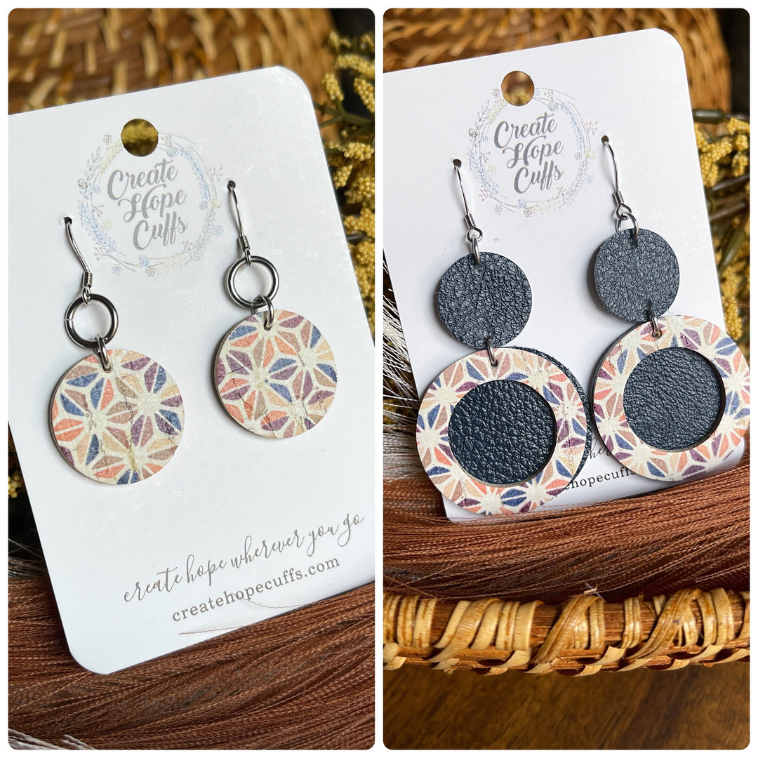 Cracked Abstract Navy | 2 Styles | Circle Leather Earrings | Hypoallergenic | Women Leather Earrings Create Hope Cuffs Choose Your Size