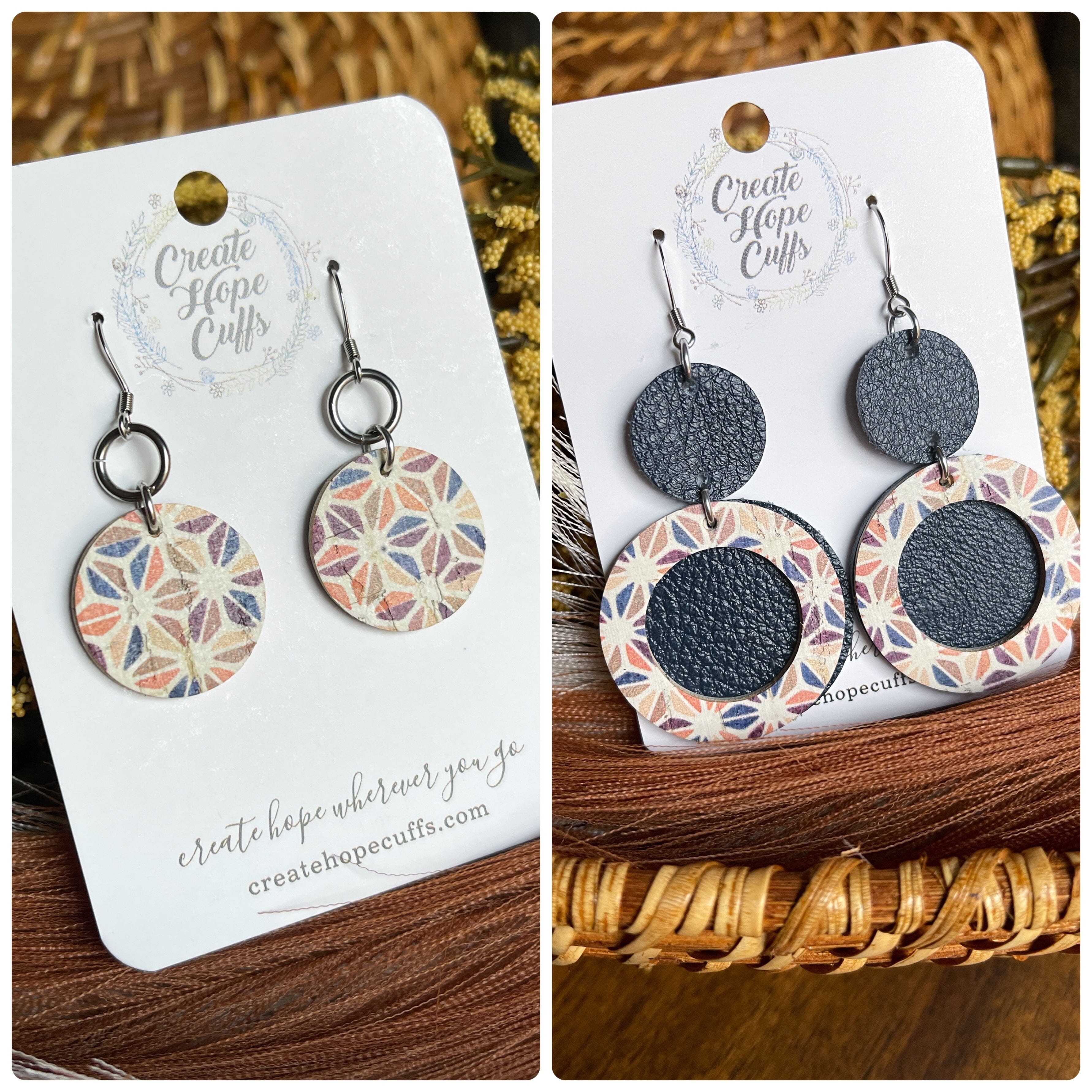 Cracked Abstract Navy | 2 Styles | Circle Leather Earrings | Hypoallergenic | Women Leather Earrings Create Hope Cuffs Choose Your Size