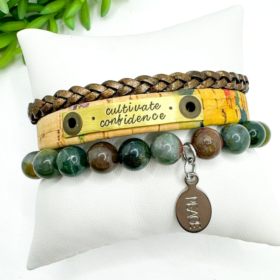 CULTIVATE CONFIDENCE Stack | Natural floral Skinny Leather Set | 3 pieces | Bracelets | Womens Skinny Bracelets Create Hope Cuffs