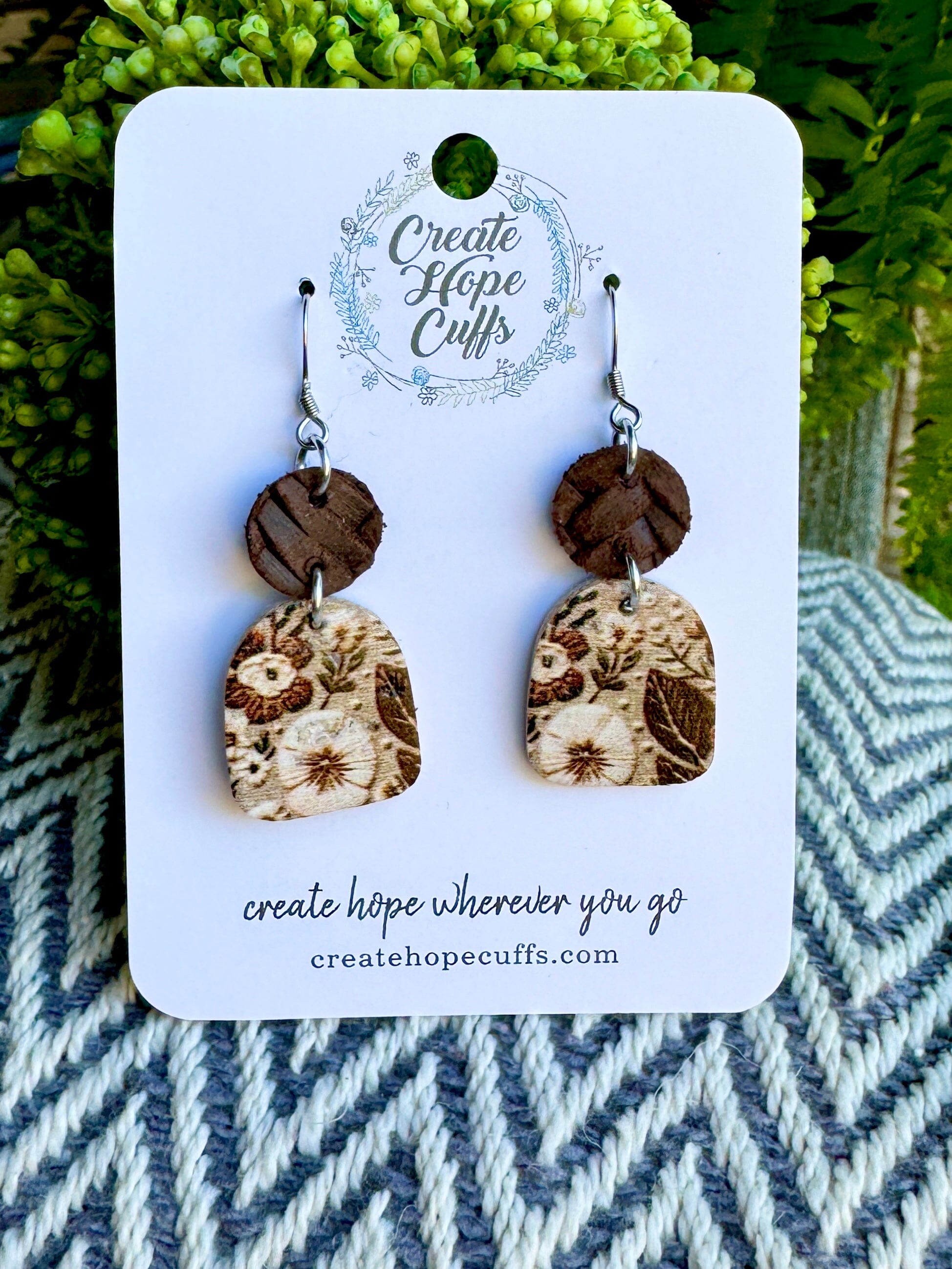 Embroidered Garden Brown Leather Earrings |3 Styles | Hypoallergenic | Women Leather Earrings Create Hope Cuffs
