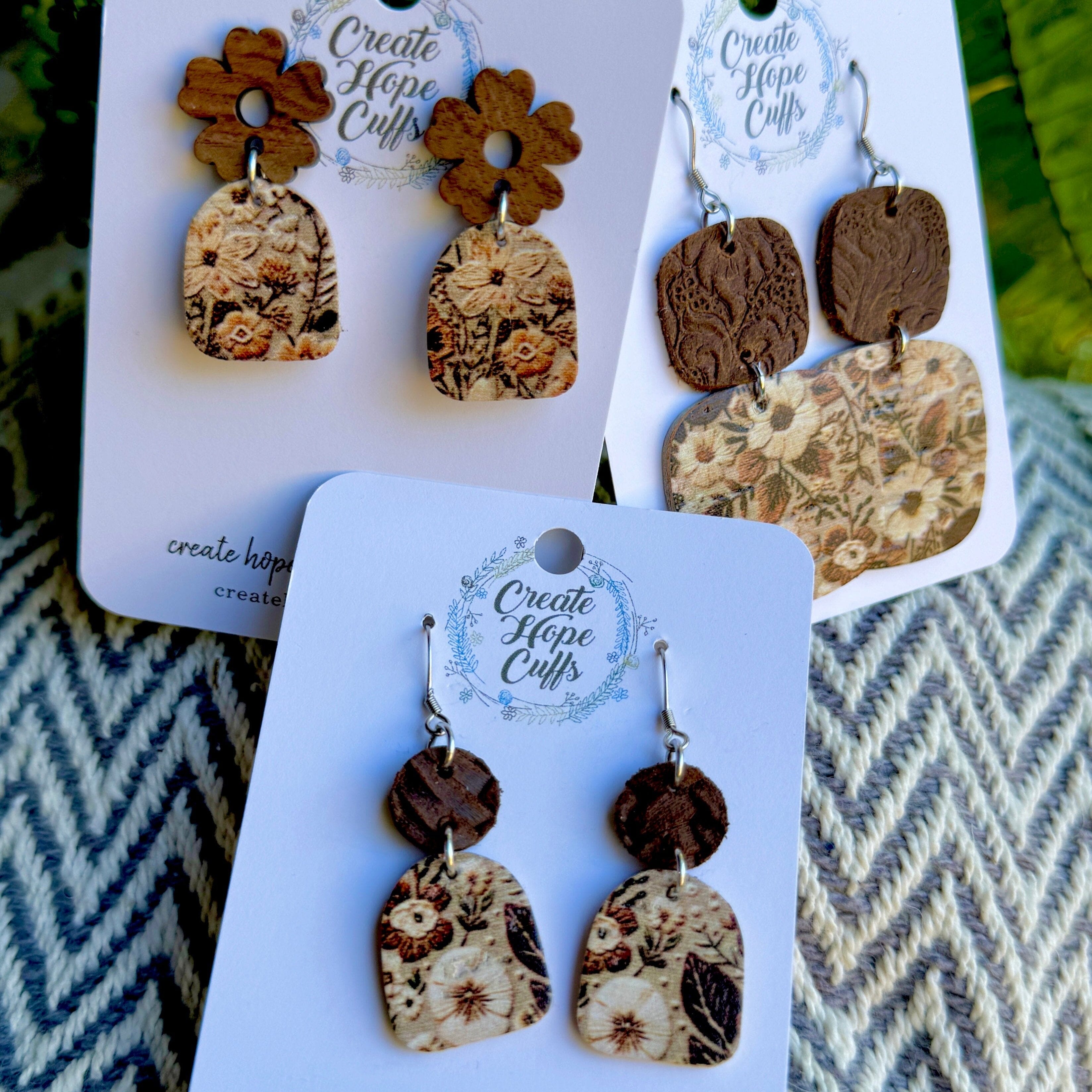Embroidered Garden Brown Leather Earrings |3 Styles | Hypoallergenic | Women Leather Earrings Create Hope Cuffs