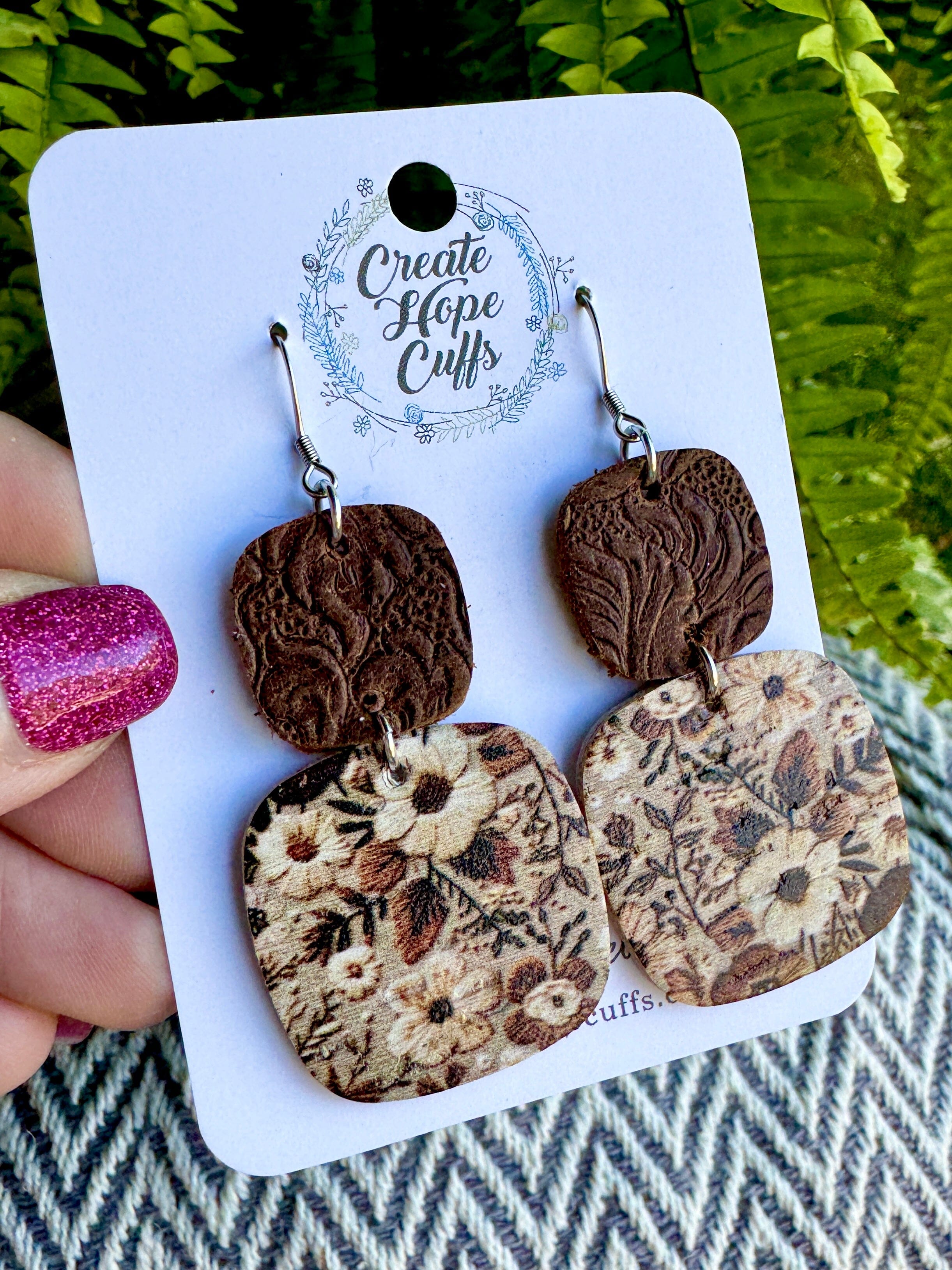 Embroidered Garden Brown Leather Earrings |3 Styles | Hypoallergenic | Women Leather Earrings Create Hope Cuffs Large Dark Brown