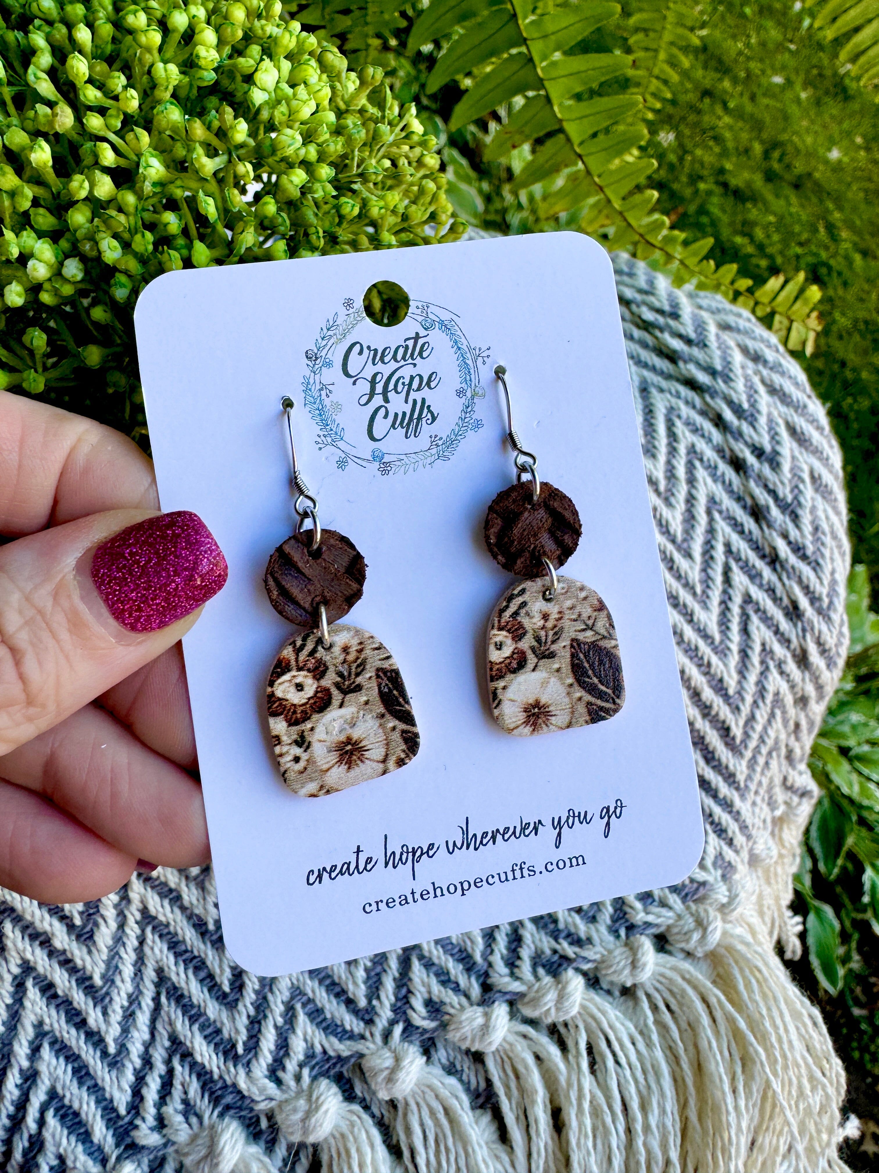 Embroidered Garden Brown Leather Earrings |3 Styles | Hypoallergenic | Women Leather Earrings Create Hope Cuffs Petite Dark Brown