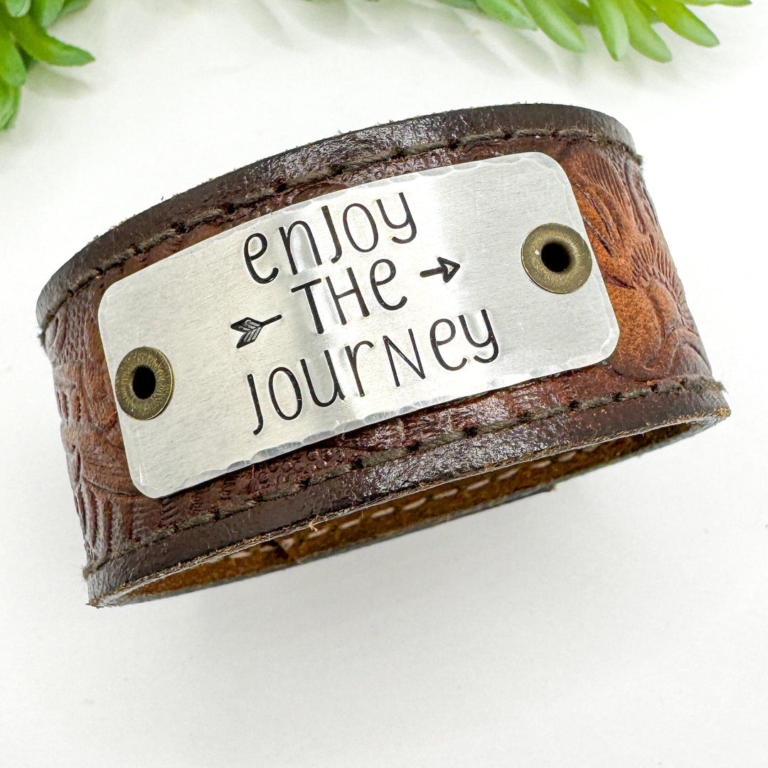 ENJOY THE JOURNEY | Tooled Light Brown Wide Leather OOAK | One of A Kind | Upcycled Cuff | Adjustable | Women Leather Cuff Create Hope Cuffs