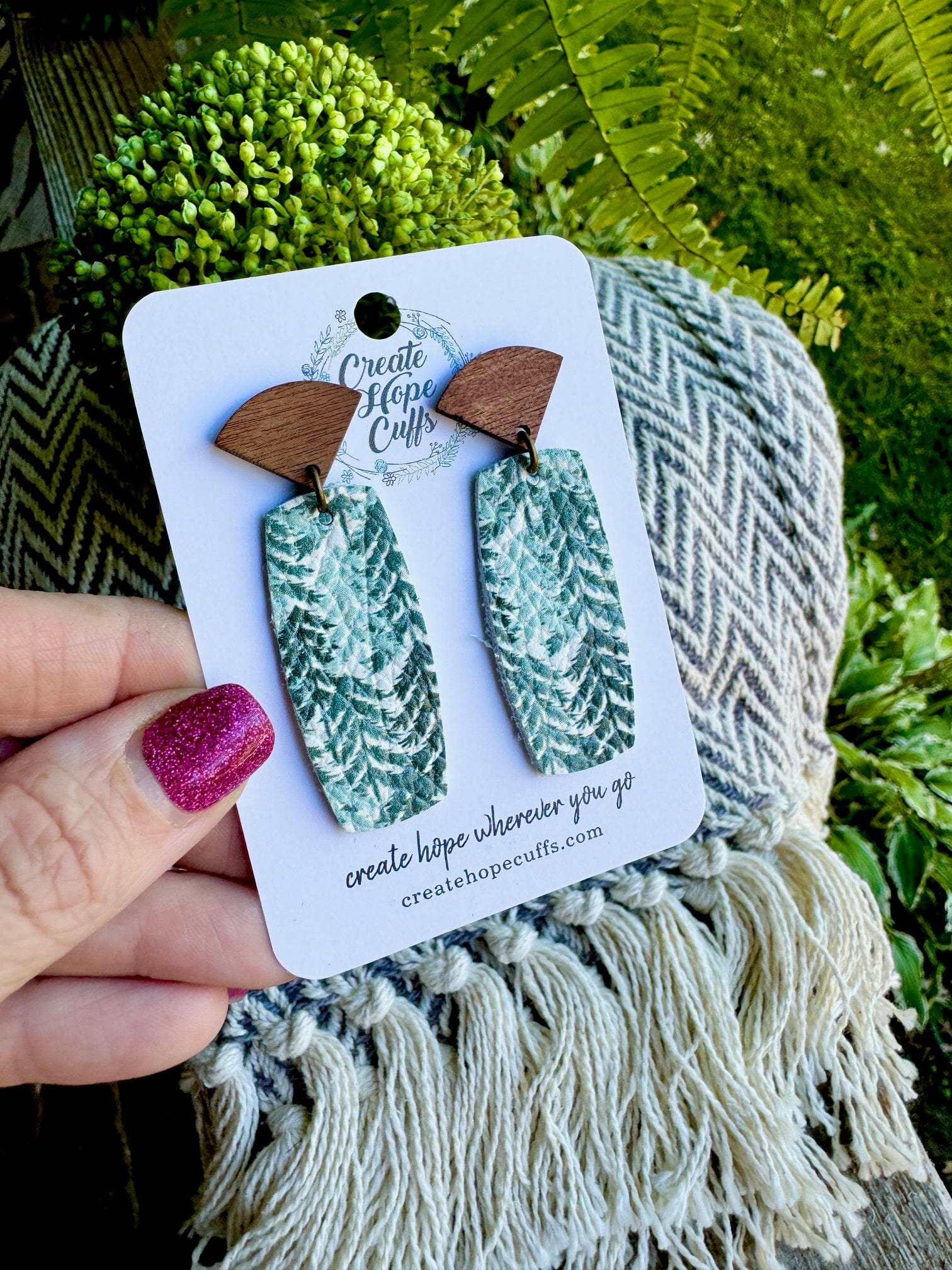 Evergreen Forest | 2 Styles | 2.5" Bar Leather Earrings | Hypoallergenic | Women Leather Earrings Create Hope Cuffs With Wood Triangle