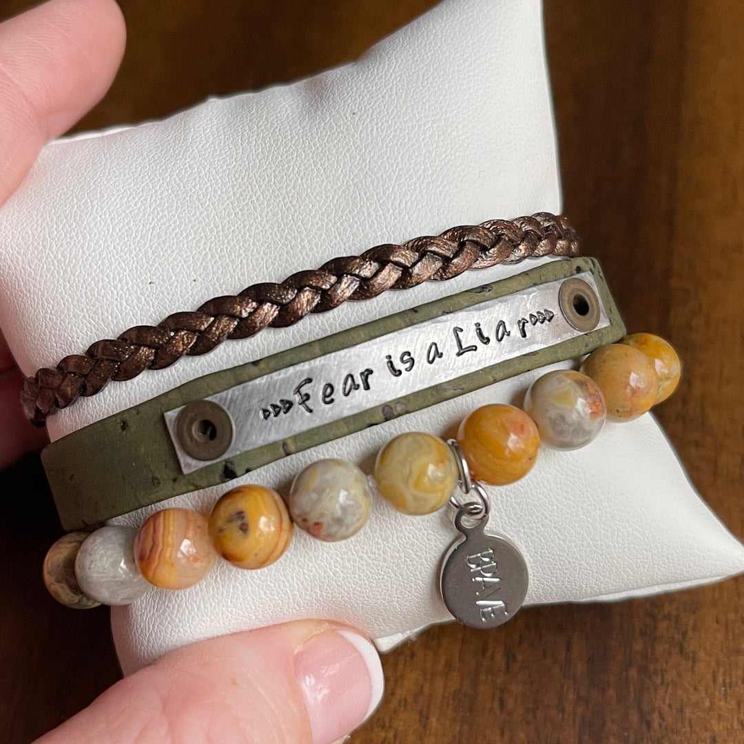 FEAR IS A LIAR Olive Green Stack | Skinny Cork Set | 3 pieces | Bracelets | Womens Skinny Bracelets Create Hope Cuffs