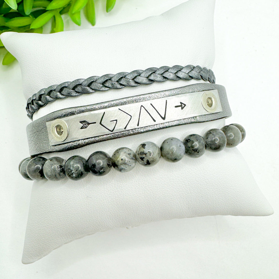 GOD IS GREATER THAN HIGHS LOWS Stack | Charcoal Skinny Leather Set | 3 pieces | Bracelets | Womens Skinny Bracelets Create Hope Cuffs