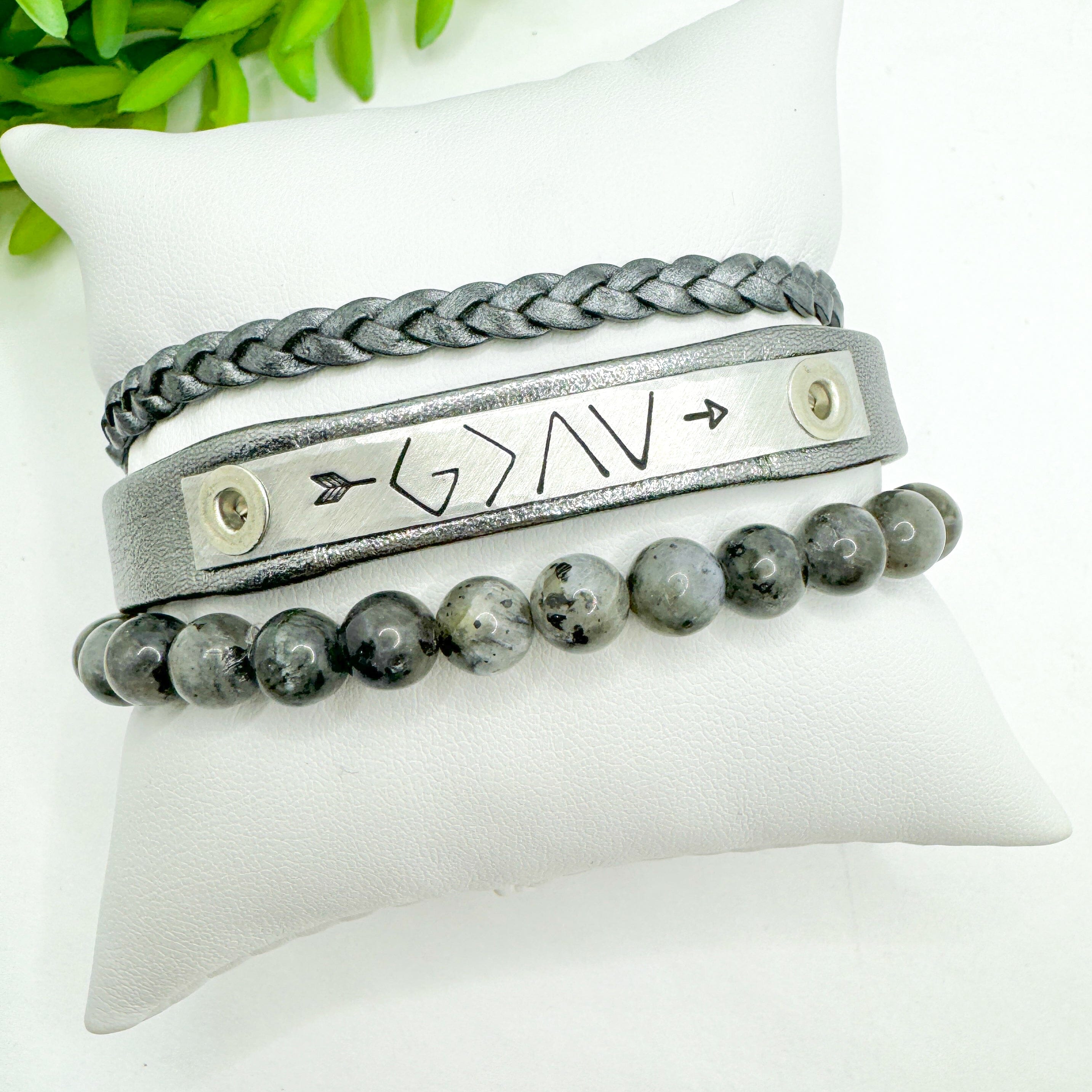 GOD IS GREATER THAN HIGHS LOWS Stack | Charcoal Skinny Leather Set | 3 pieces | Bracelets | Womens Skinny Bracelets Create Hope Cuffs