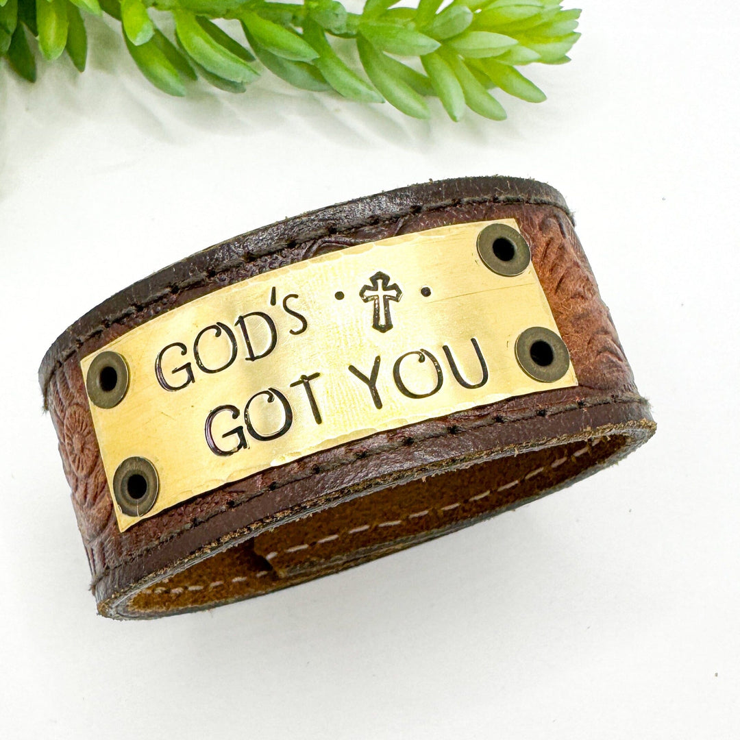 GOD’s GOT YOU | GOLD Tooled Light Brown Wide Leather OOAK | One of A Kind | Upcycled Cuff | Adjustable | Women Leather Cuff Create Hope Cuffs