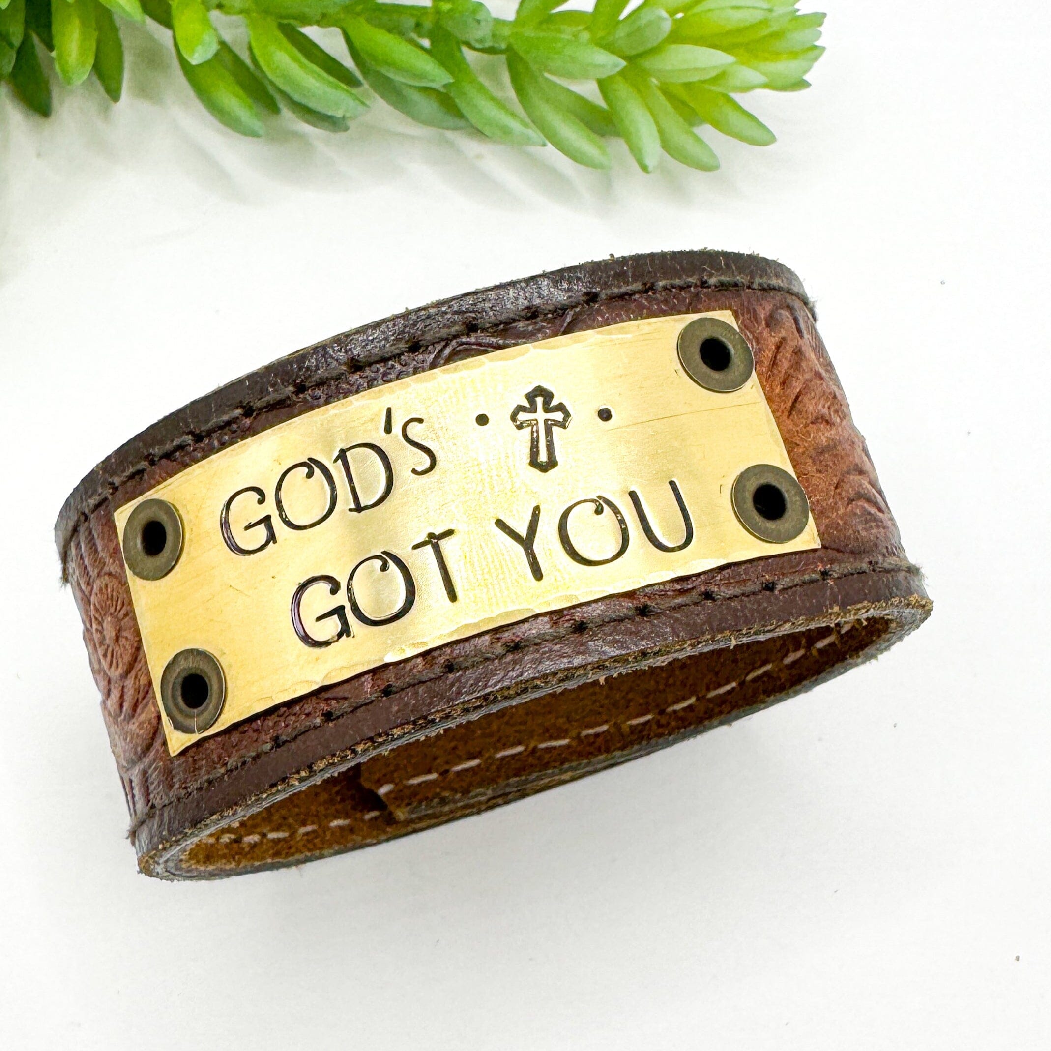 GOD’s GOT YOU | GOLD Tooled Light Brown Wide Leather OOAK | One of A Kind | Upcycled Cuff | Adjustable | Women Leather Cuff Create Hope Cuffs
