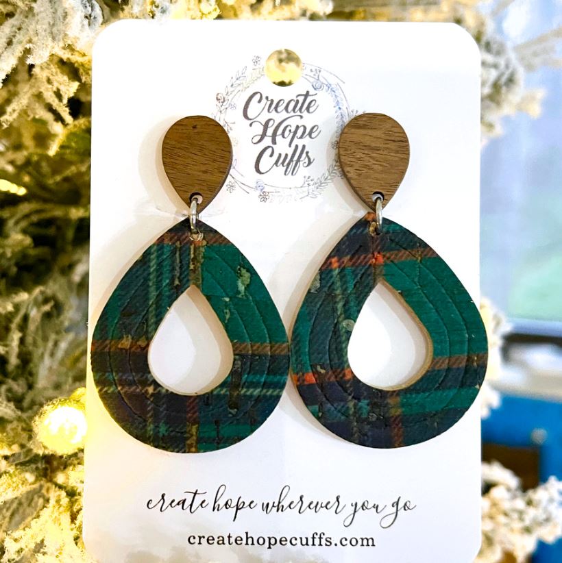 Green Tartan Plaid | 2" Open Teardrop Wood and Leather Earrings | Hypoallergenic | Women Leather Earrings Create Hope Cuffs