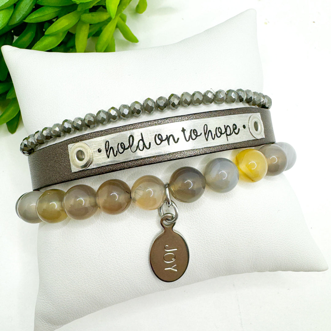 HOLD ON TO HOPE Stack | Metallic Taupe Skinny Leather Set | 3 pieces | Bracelets | Womens Skinny Bracelets Create Hope Cuffs