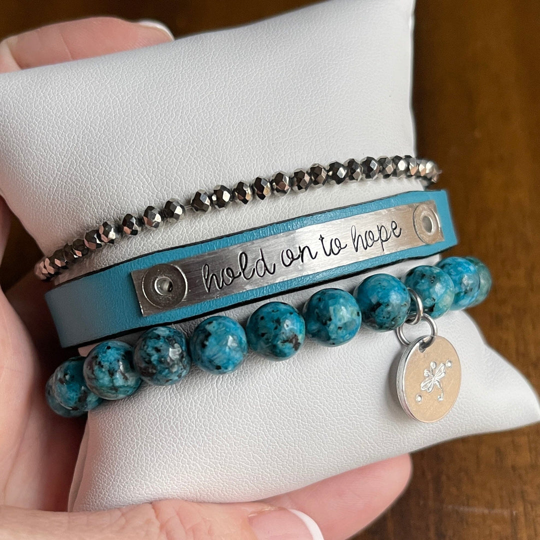 HOLD ON TO HOPE Teal Stack | Skinny Leather Stack Set | 3 pieces | Bracelets | Womens Skinny Bracelets Create Hope Cuffs