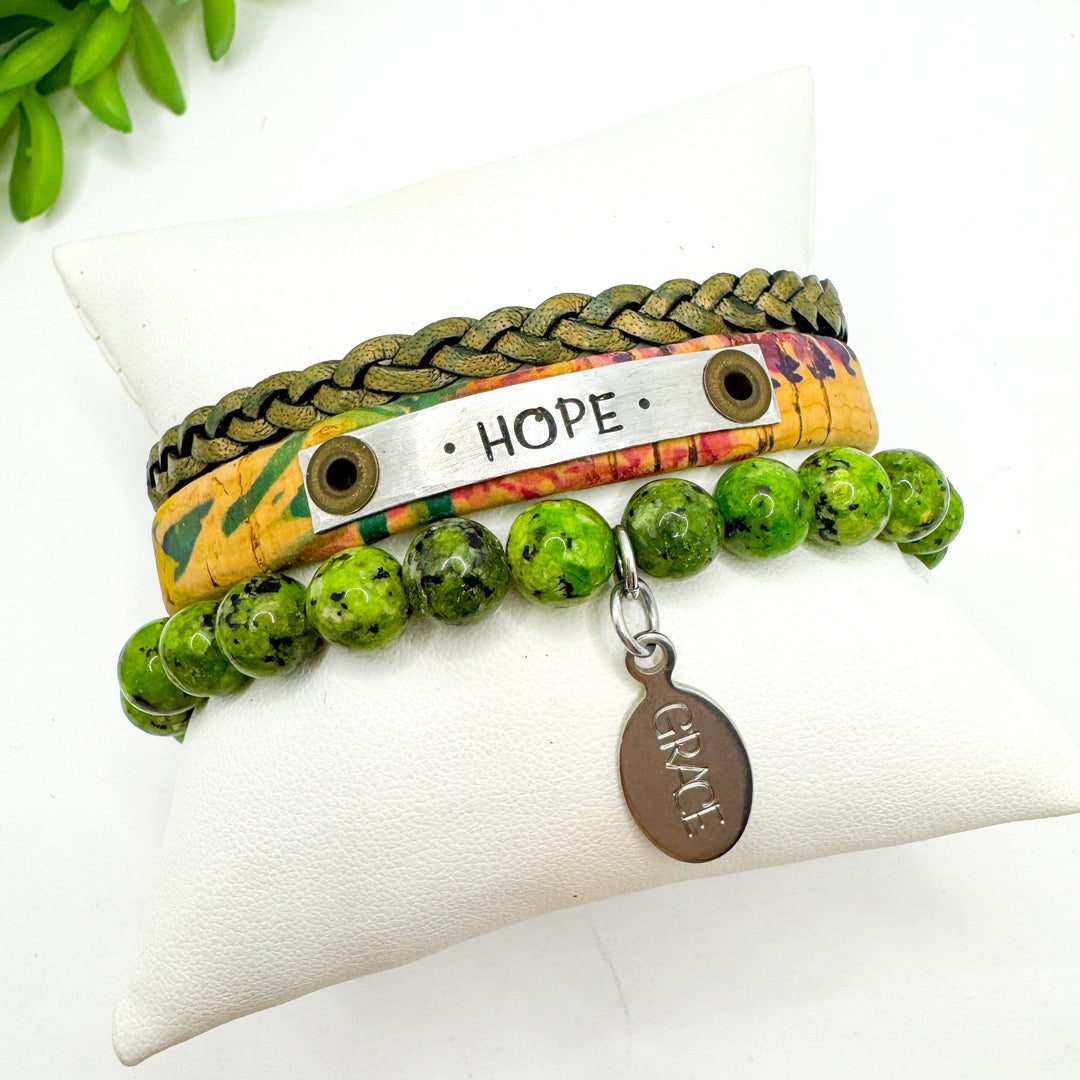 HOPE Stack | NATURAL FLORAL Skinny Leather Set | 3 pieces | Bracelets | Womens Skinny Bracelets Create Hope Cuffs