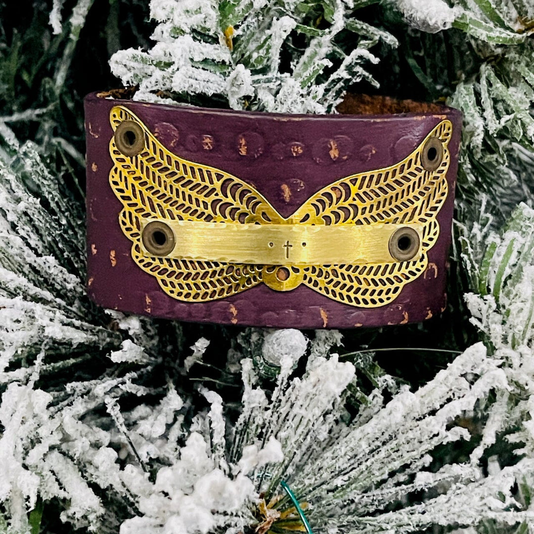 IMAGE of CROSS | Dotted Plum Gold Wide Leather OOAK | One of A Kind | Upcycled Cuff | Adjustable | Women Leather Cuff Create Hope Cuffs