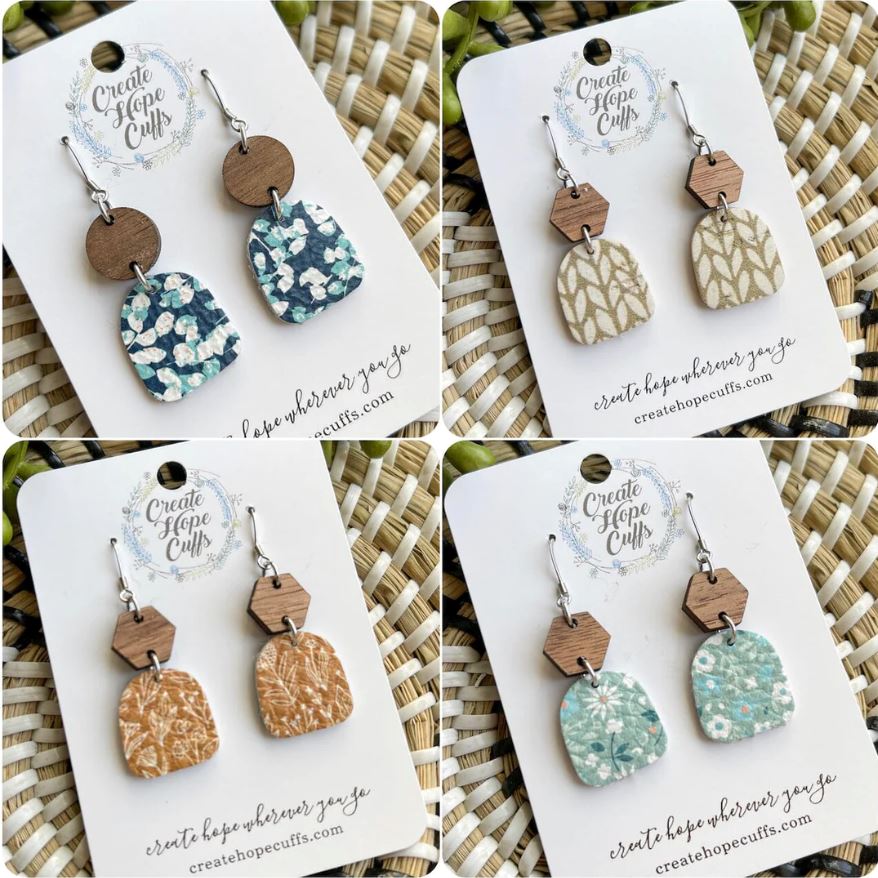 Itty Bitty Navy Daisy Floral | 1" Stacked Wood Leather Earrings | Hypoallergenic | Women Leather Earrings Create Hope Cuffs