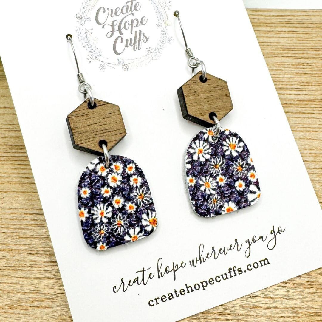 Itty Bitty Navy Daisy Floral | 1" Stacked Wood Leather Earrings | Hypoallergenic | Women Leather Earrings Create Hope Cuffs