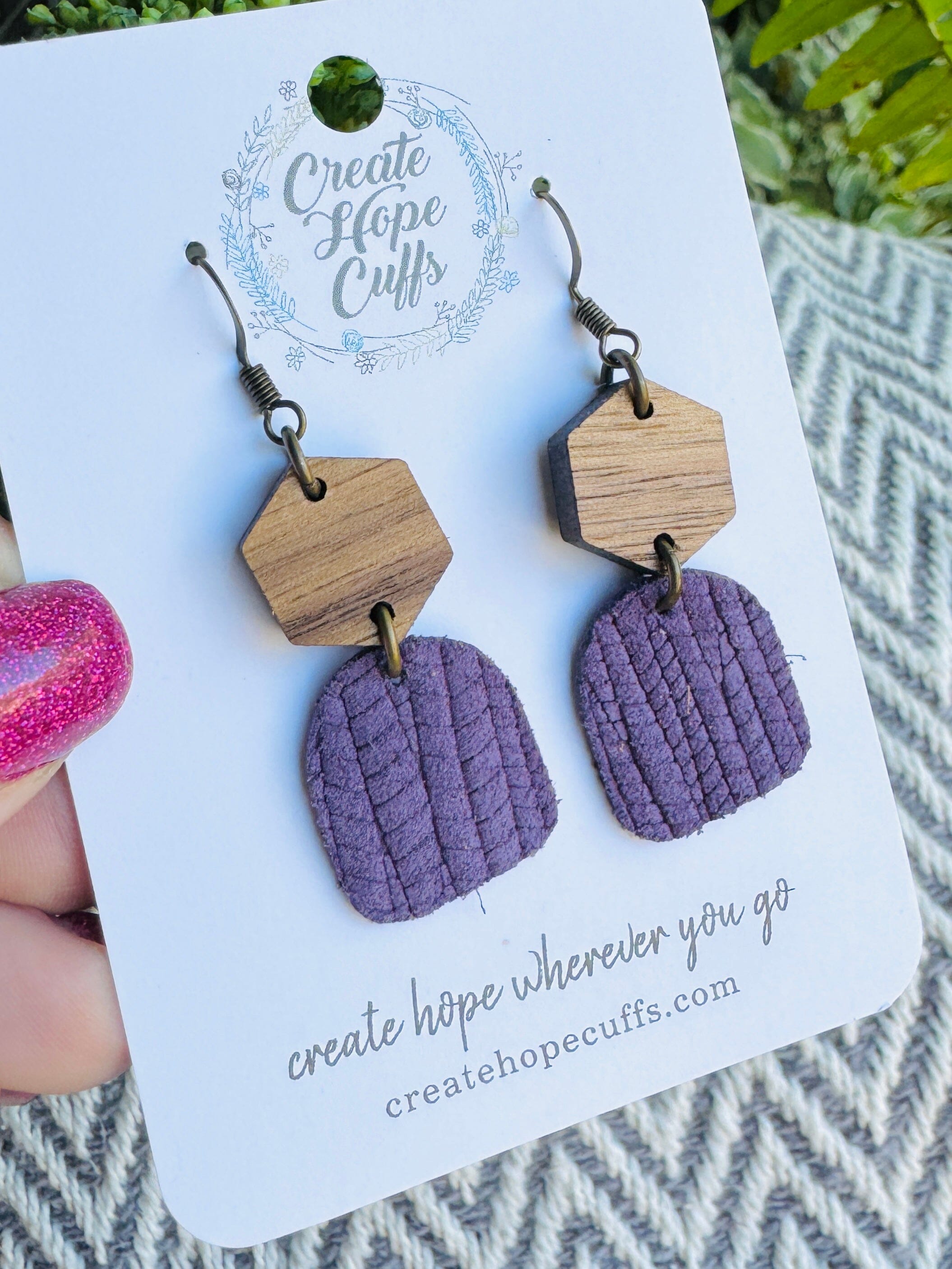 Itty Bitty Solid Prints | 4 Colors | Textured Leather Earrings | Stacked Wood | Hypoallergenic | Women Leather Earrings Create Hope Cuffs