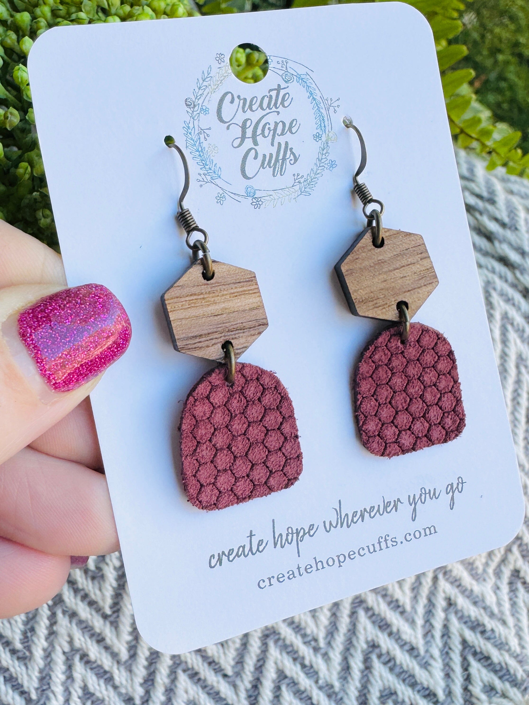 Itty Bitty Solid Prints | 4 Colors | Textured Leather Earrings | Stacked Wood | Hypoallergenic | Women Leather Earrings Create Hope Cuffs