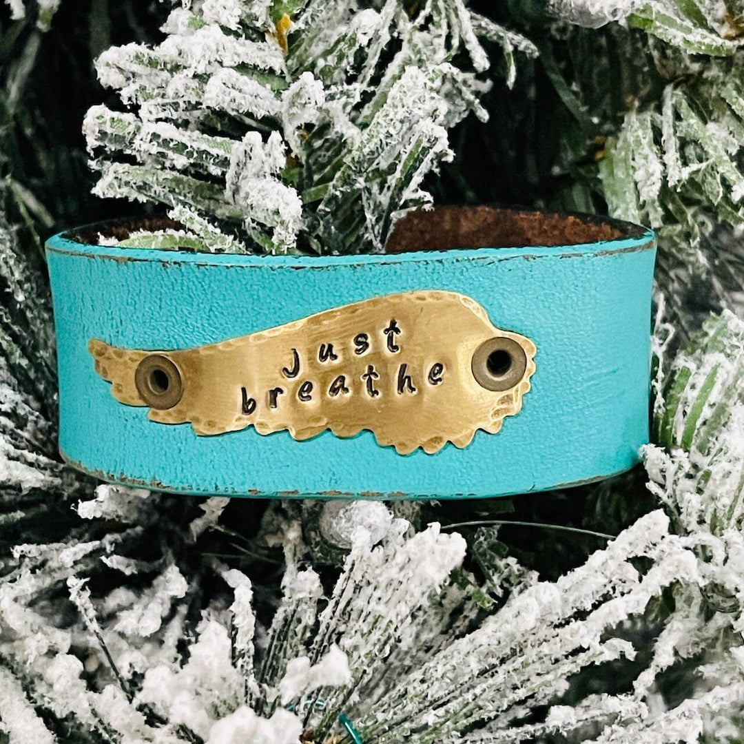 JUST BREATHE | Distressed Teal Wide Leather OOAK | One of A Kind | Upcycled Cuff | Adjustable | Women Leather Cuff Create Hope Cuffs
