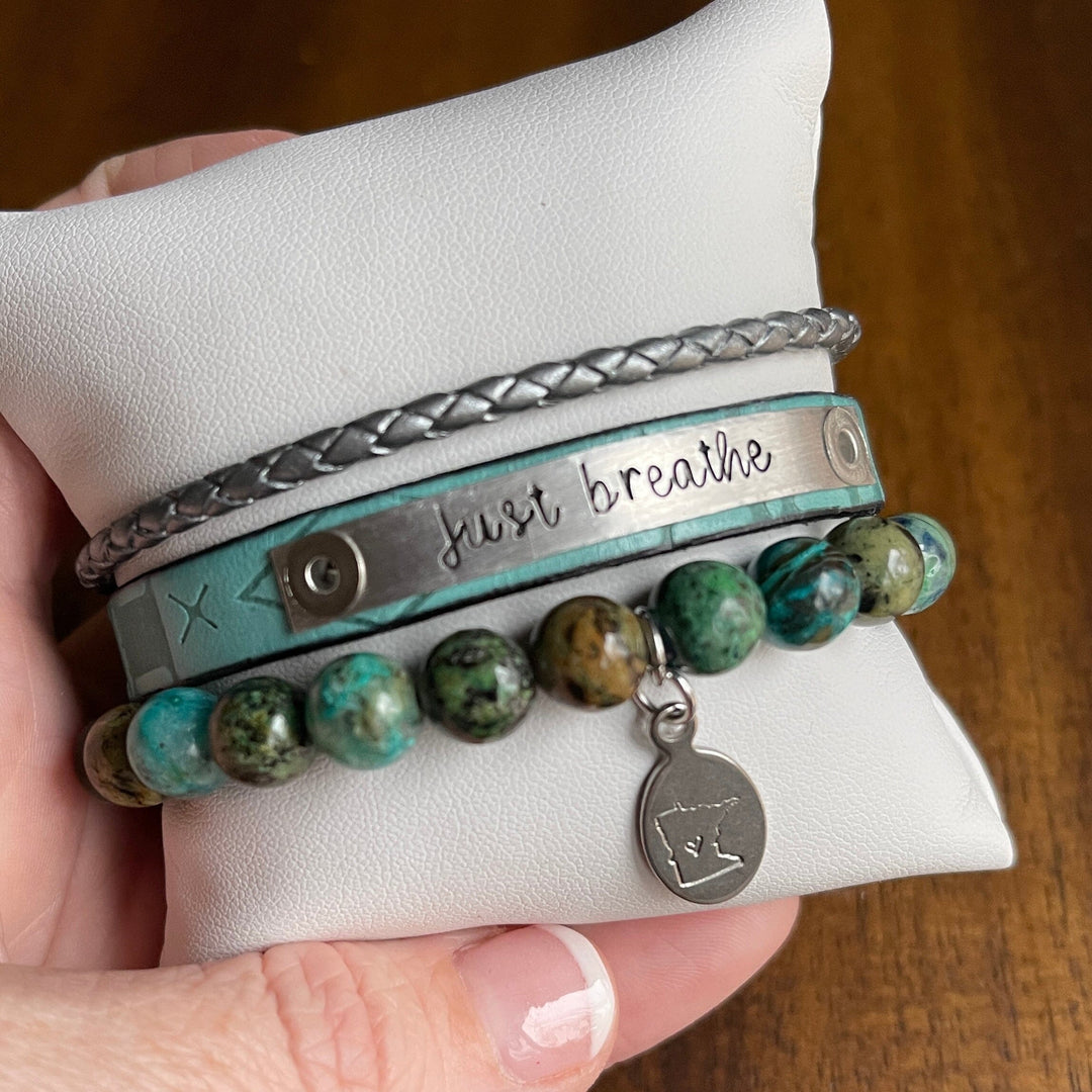 JUST BREATHE Turquoise Stack | Skinny Leather Stack Set | 3 pieces | Bracelets | Womens Skinny Bracelets Create Hope Cuffs