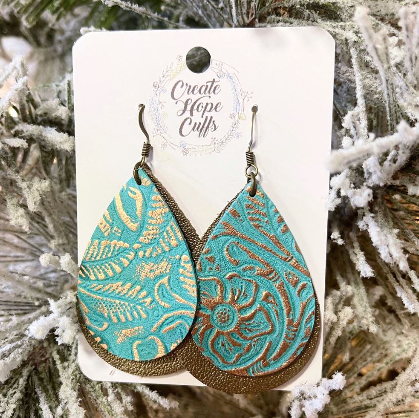 Layered Brushed Bronze Teal | 2.5" Teardrop Leather Earrings | Hypoallergenic | Women Leather Earrings Create Hope Cuffs