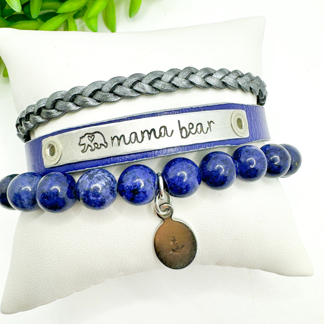 MAMA BEAR Stack | Blue Skinny Leather Set | 3 pieces | Bracelets | Womens Skinny Bracelets Create Hope Cuffs